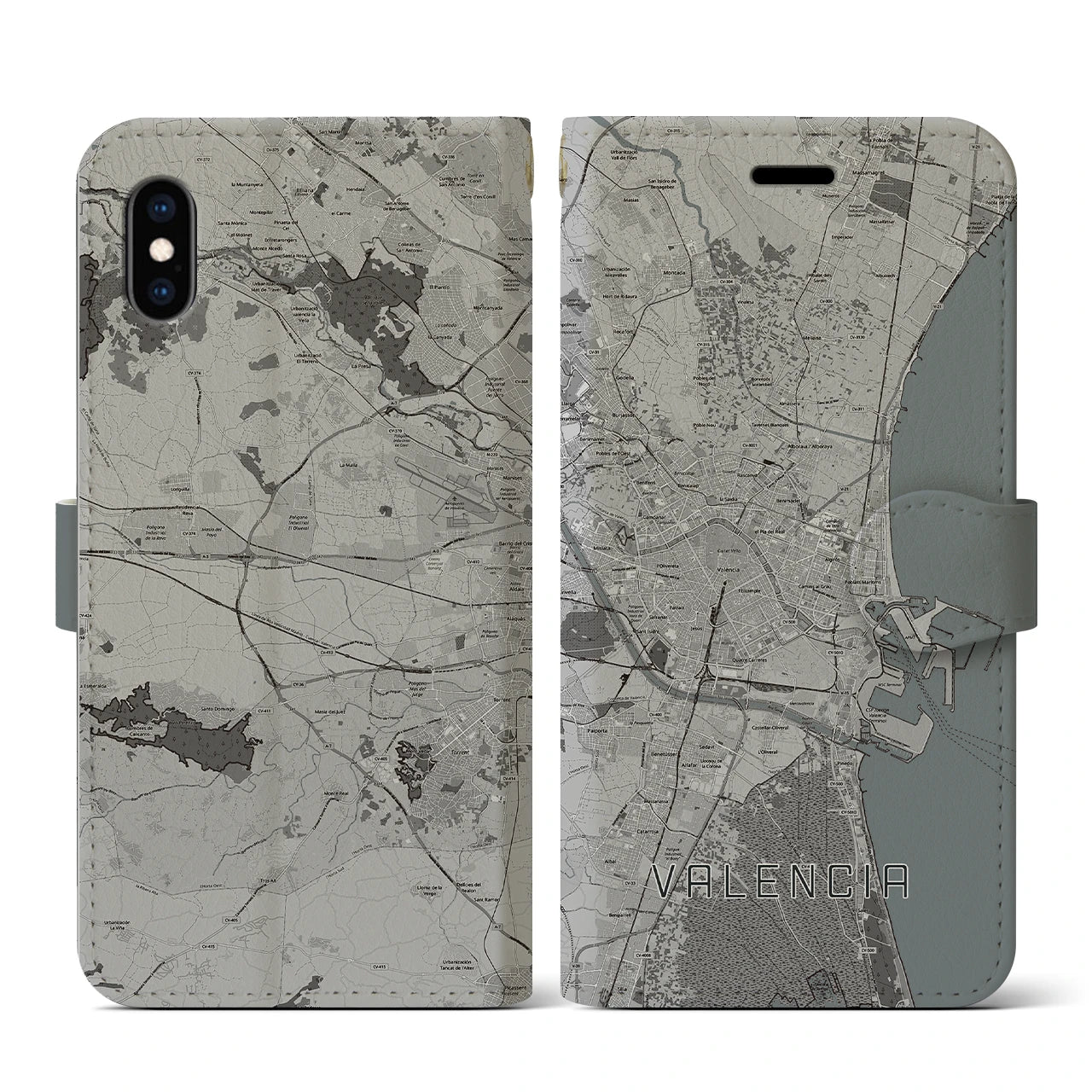 【バレンシア(スペイン)】地図柄iPhoneケース(手帳タイプ)モノトーン・iPhone XS / X 用