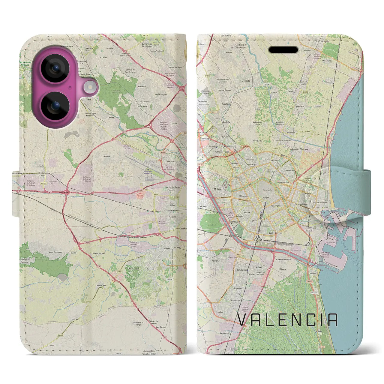 【バレンシア(スペイン)】地図柄iPhoneケース(手帳タイプ)ナチュラル・iPhone 16 Pro 用