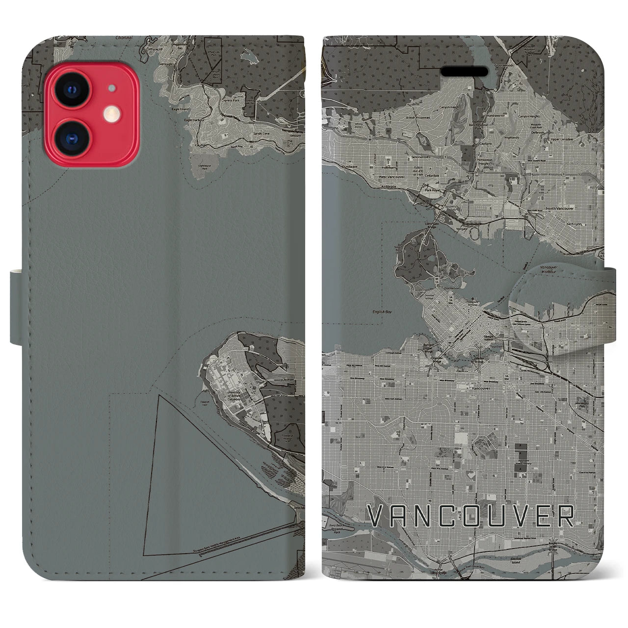 【バンクーバー(カナダ)】地図柄iPhoneケース(手帳タイプ)モノトーン・iPhone 11 用