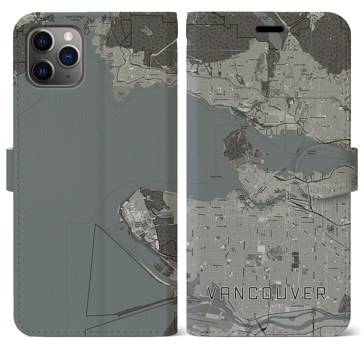 【バンクーバー(カナダ)】地図柄iPhoneケース(手帳タイプ)モノトーン・iPhone 11 Pro Max 用