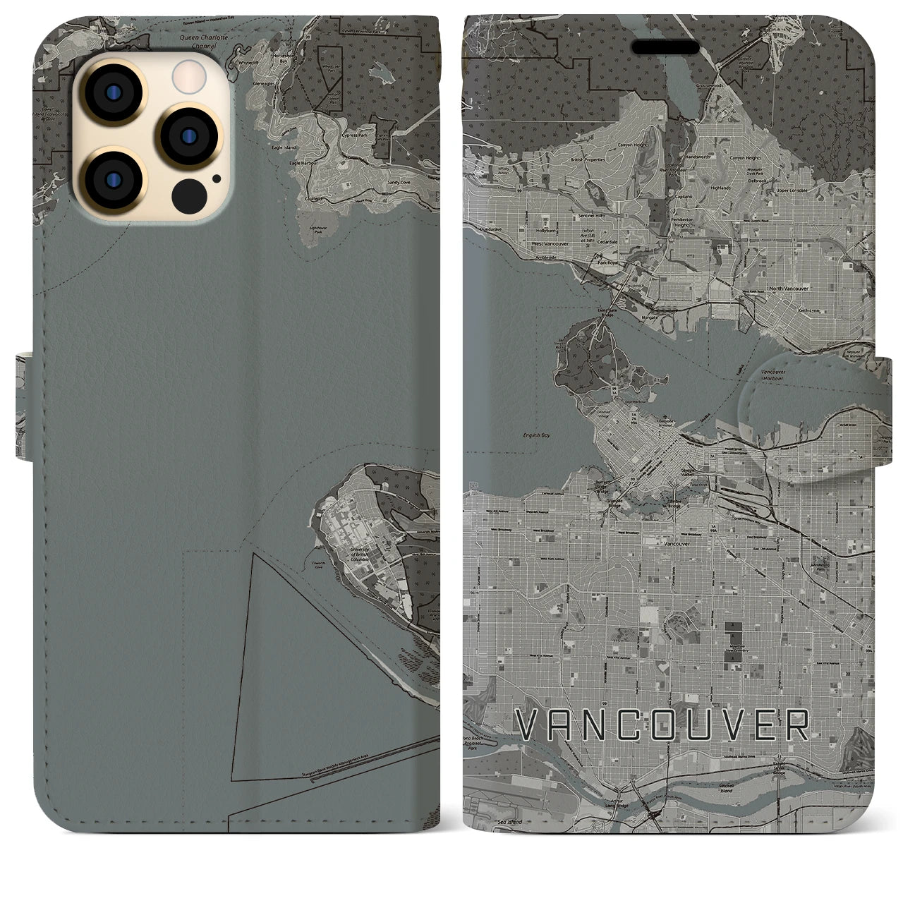 【バンクーバー(カナダ)】地図柄iPhoneケース(手帳タイプ)モノトーン・iPhone 12 Pro Max 用
