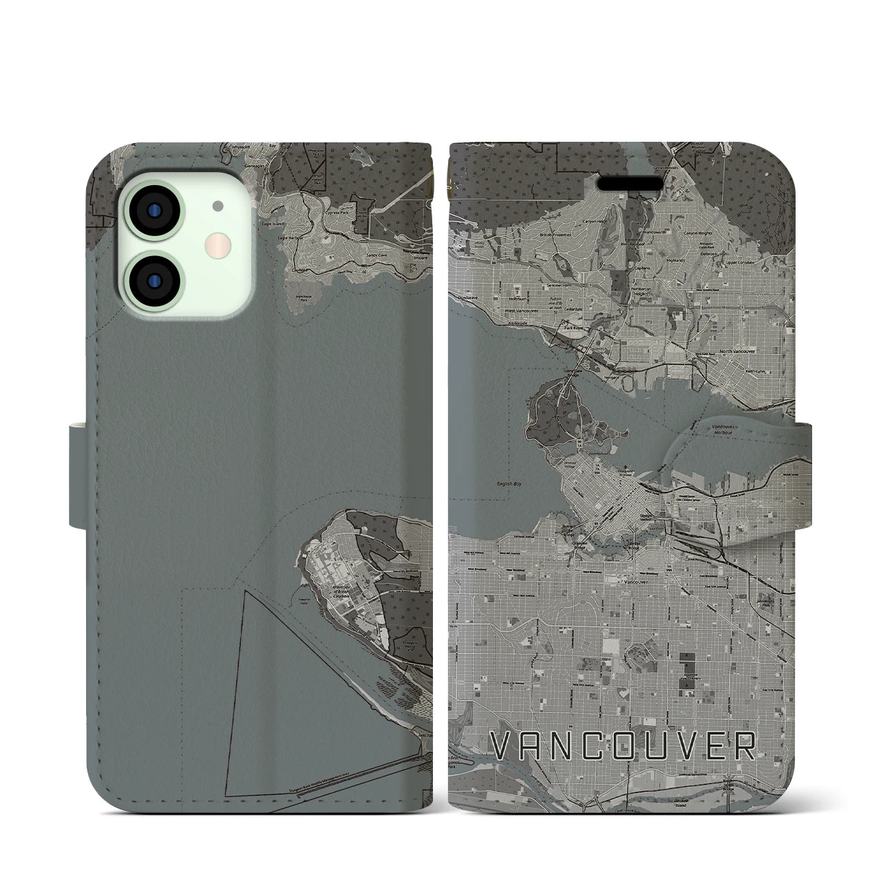 【バンクーバー(カナダ)】地図柄iPhoneケース(手帳タイプ)モノトーン・iPhone 12 mini 用
