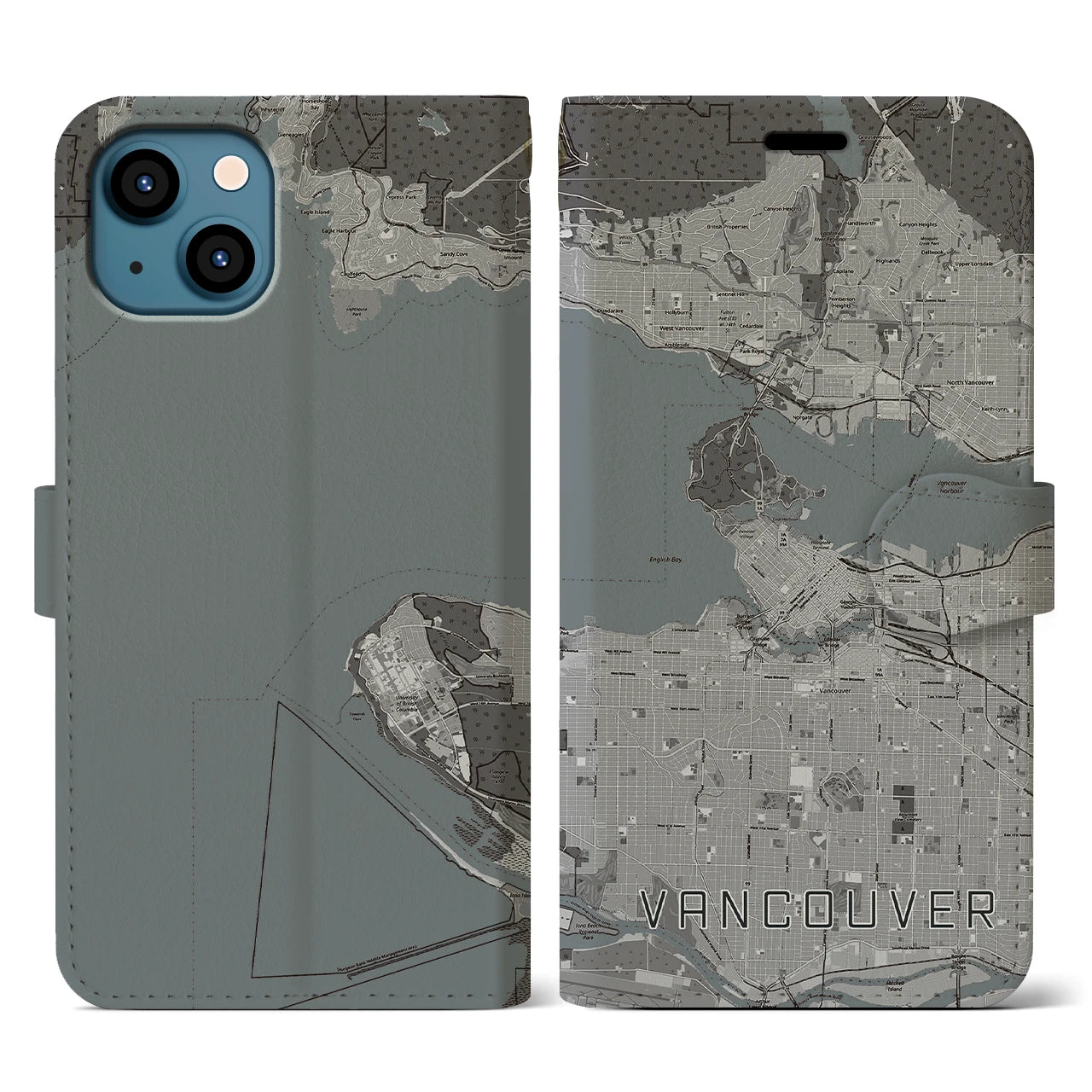 【バンクーバー(カナダ)】地図柄iPhoneケース(手帳タイプ)モノトーン・iPhone 13 用