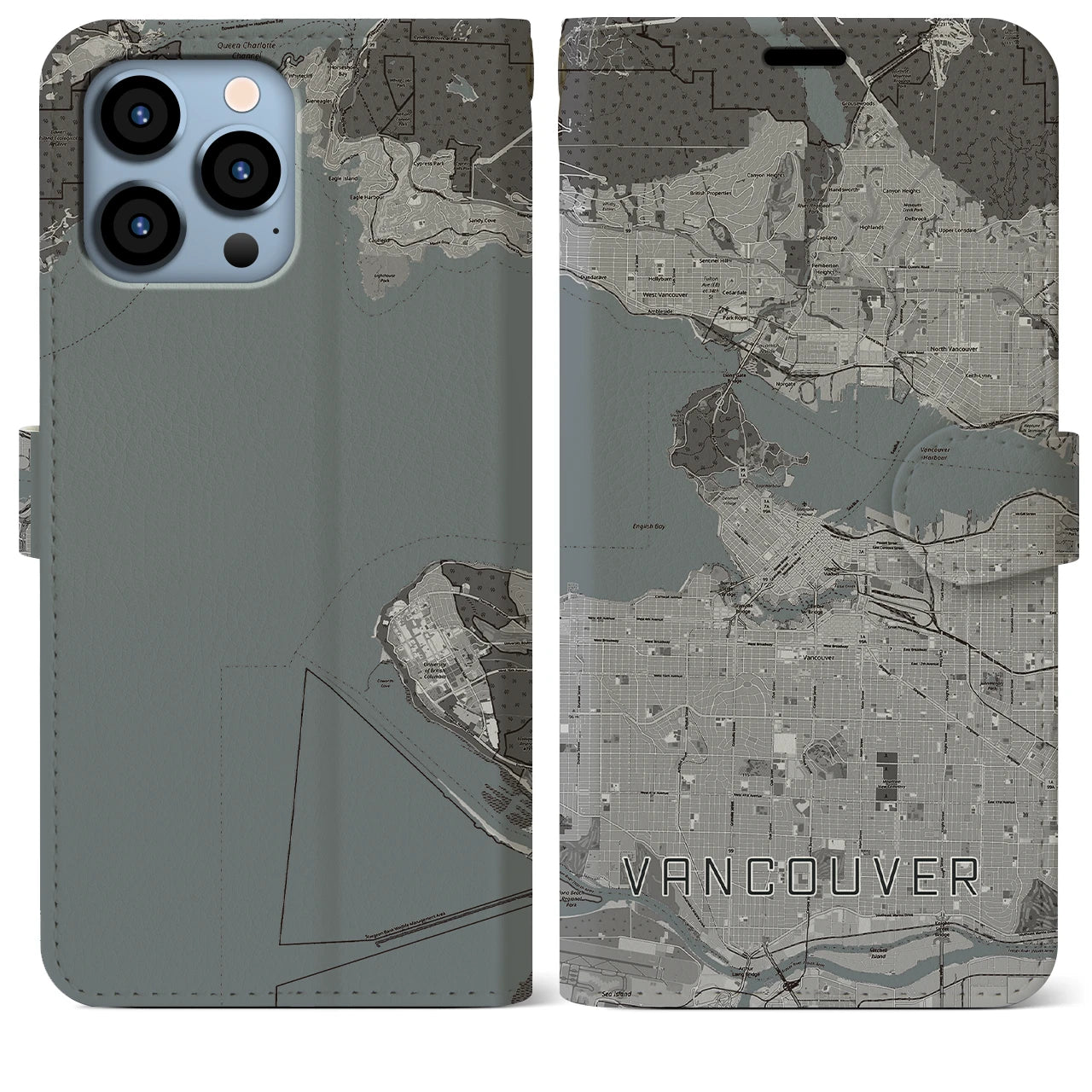 【バンクーバー(カナダ)】地図柄iPhoneケース(手帳タイプ)モノトーン・iPhone 13 Pro Max 用