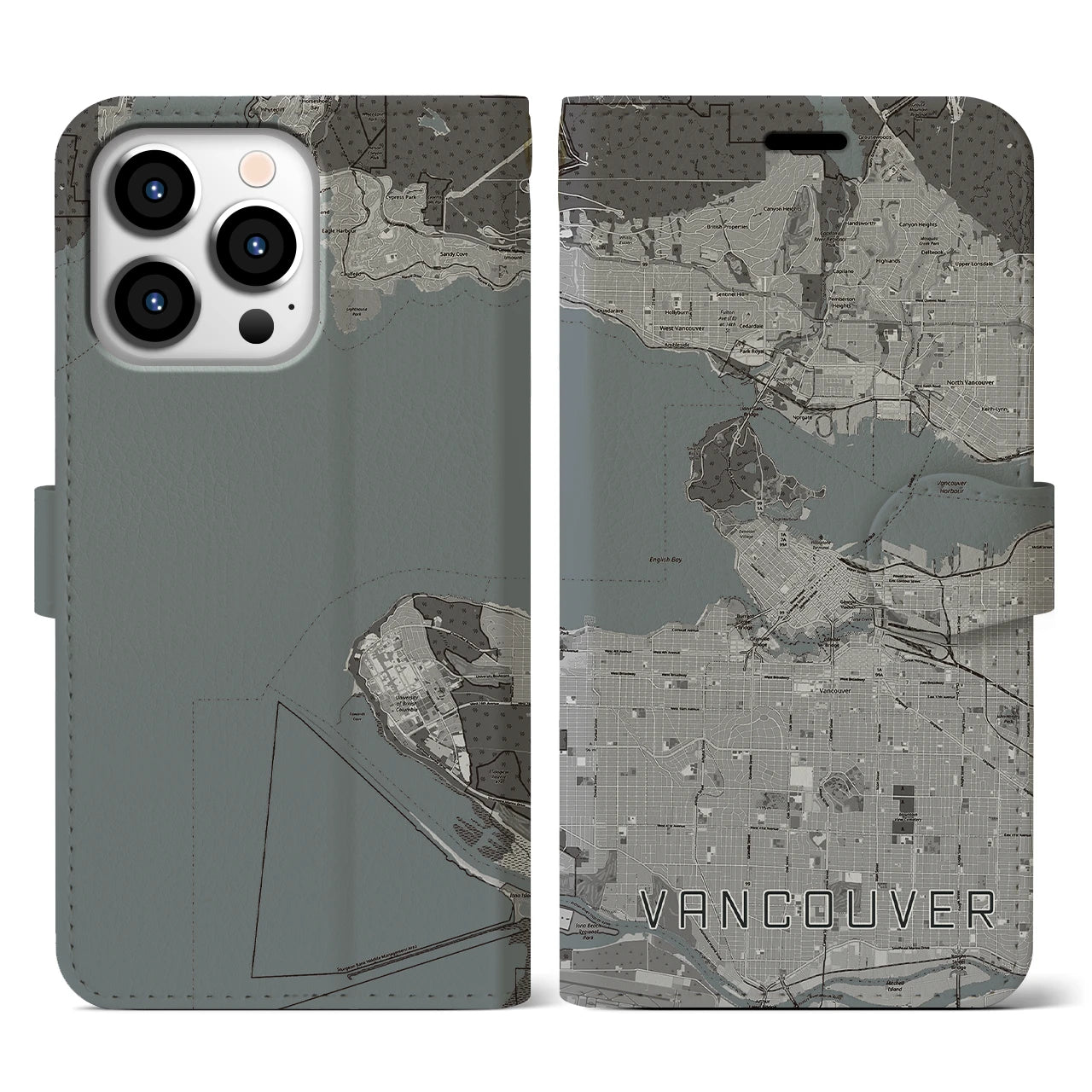 【バンクーバー(カナダ)】地図柄iPhoneケース(手帳タイプ)モノトーン・iPhone 13 Pro 用