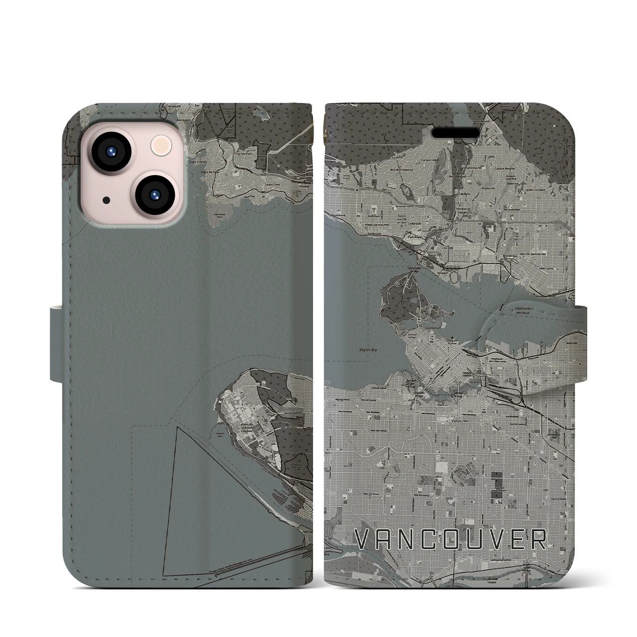 【バンクーバー(カナダ)】地図柄iPhoneケース(手帳タイプ)モノトーン・iPhone 13 mini 用