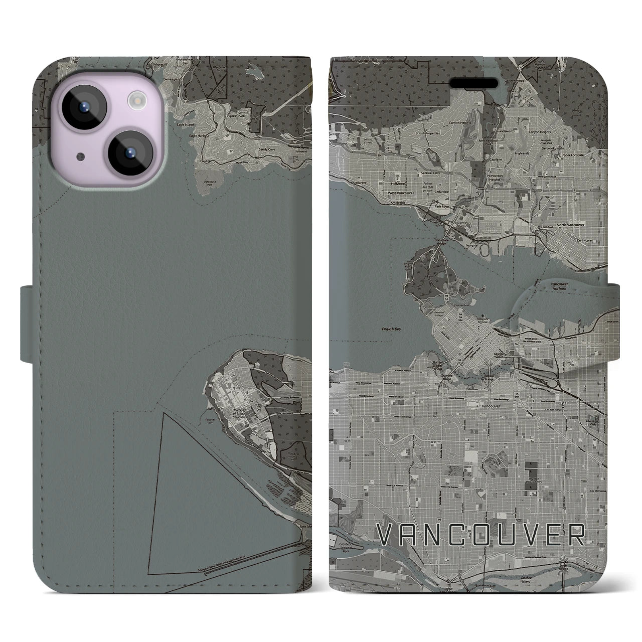 【バンクーバー(カナダ)】地図柄iPhoneケース(手帳タイプ)モノトーン・iPhone 14 用