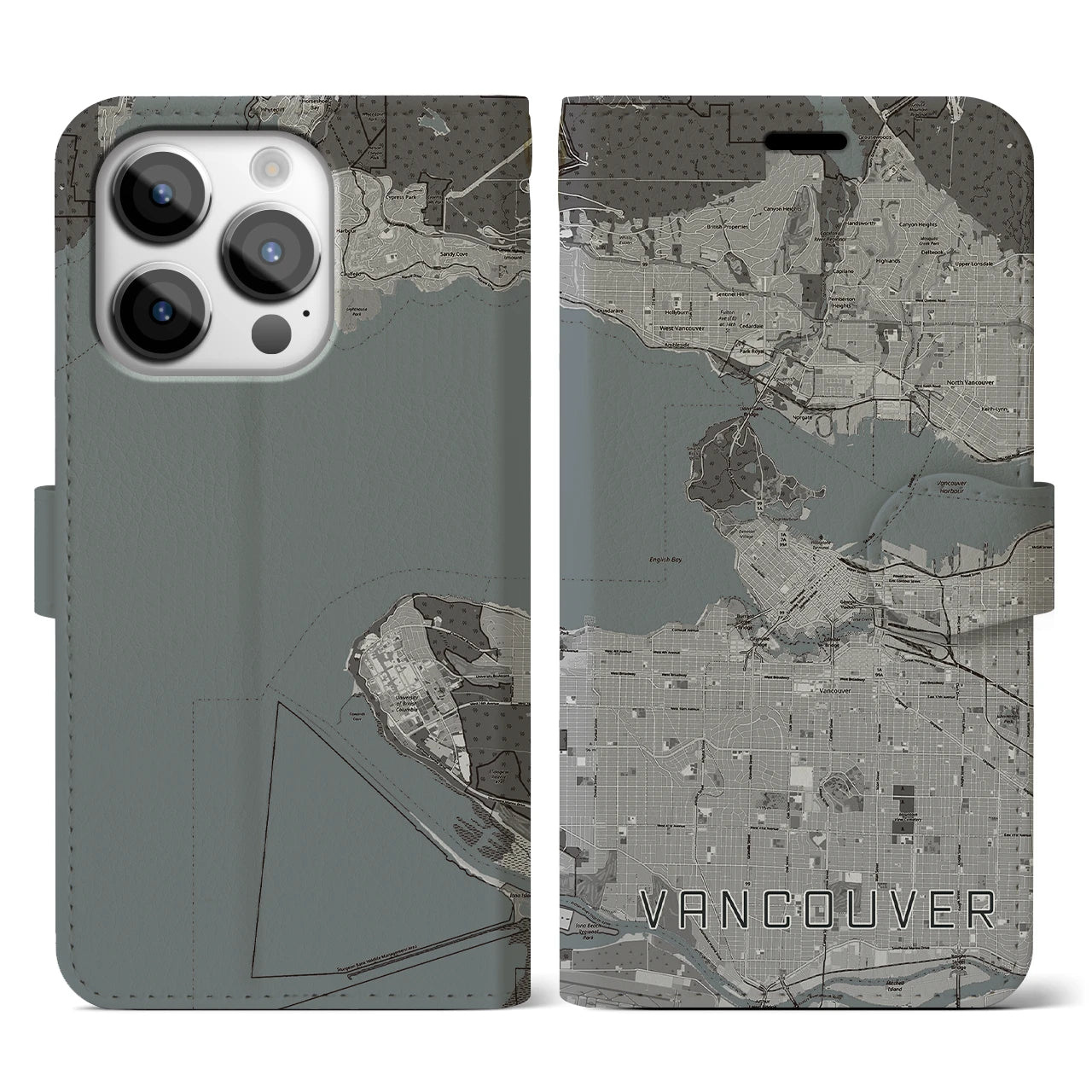 【バンクーバー(カナダ)】地図柄iPhoneケース(手帳タイプ)モノトーン・iPhone 14 Pro 用