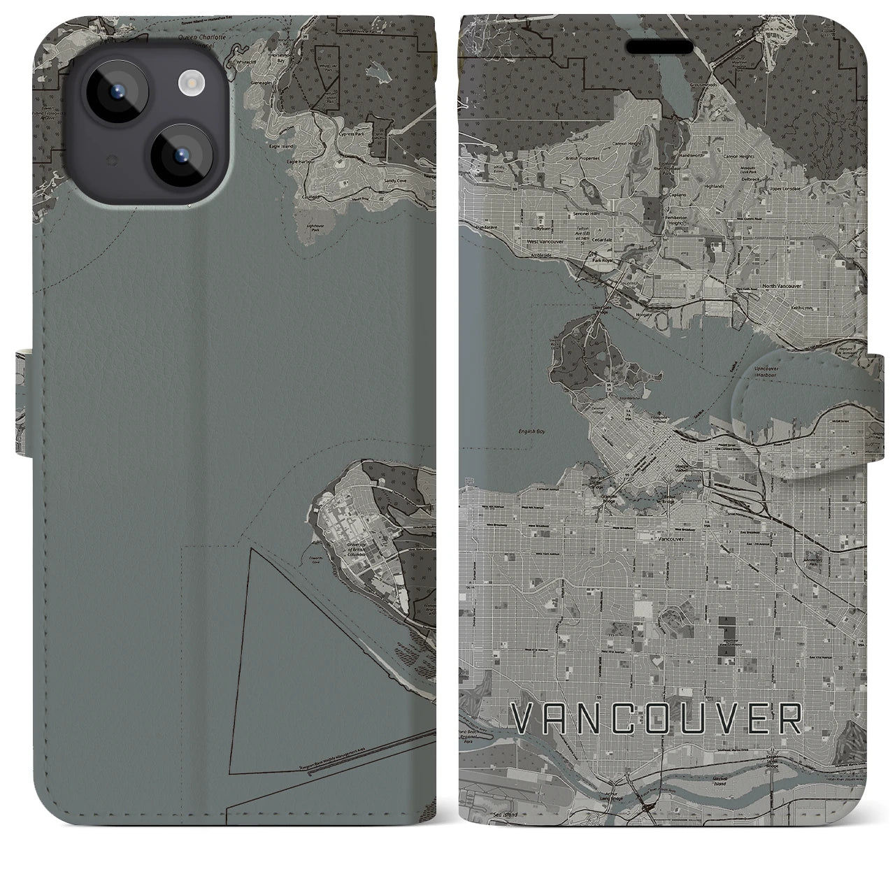 【バンクーバー(カナダ)】地図柄iPhoneケース(手帳タイプ)モノトーン・iPhone 14 Plus 用