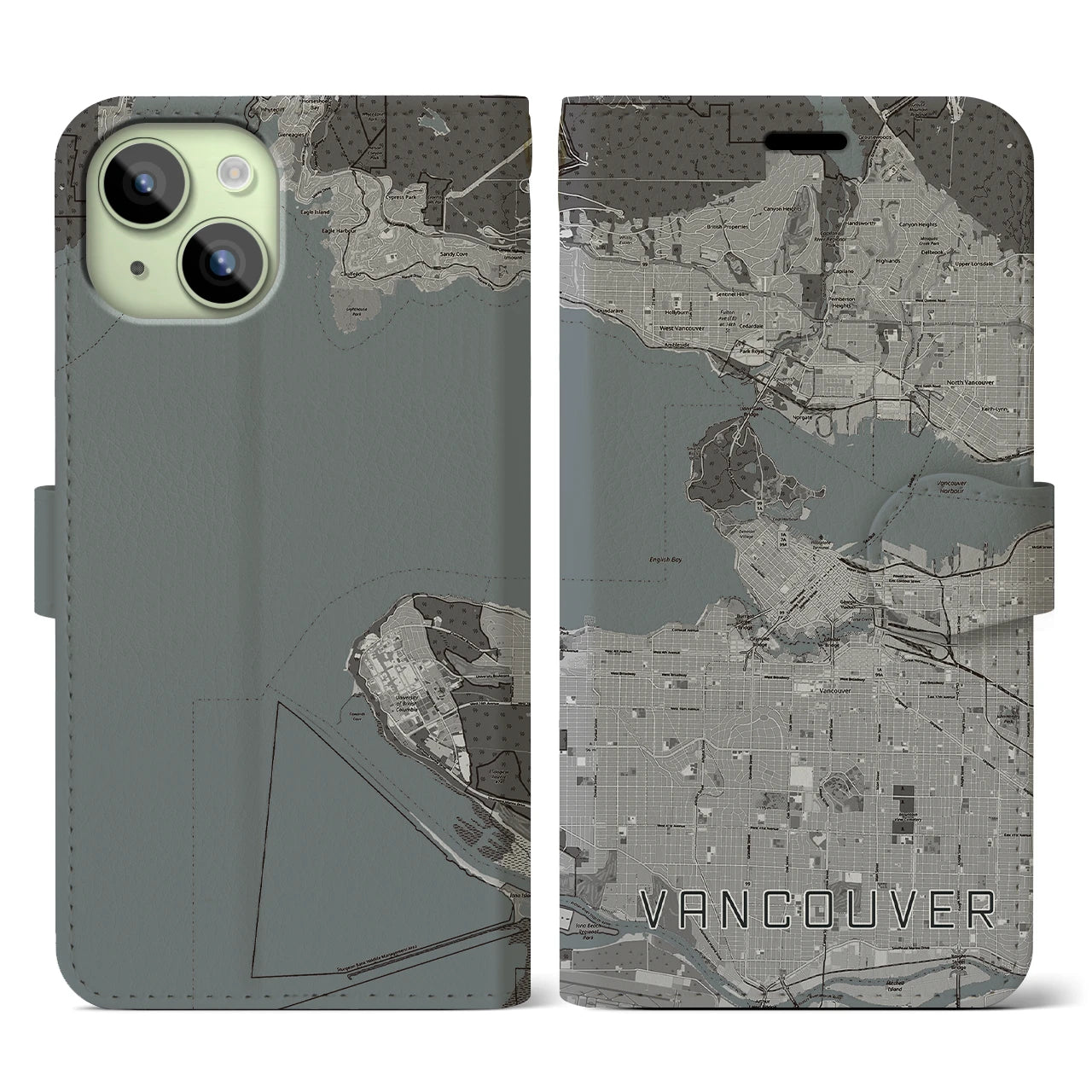 【バンクーバー(カナダ)】地図柄iPhoneケース(手帳タイプ)モノトーン・iPhone 15 用