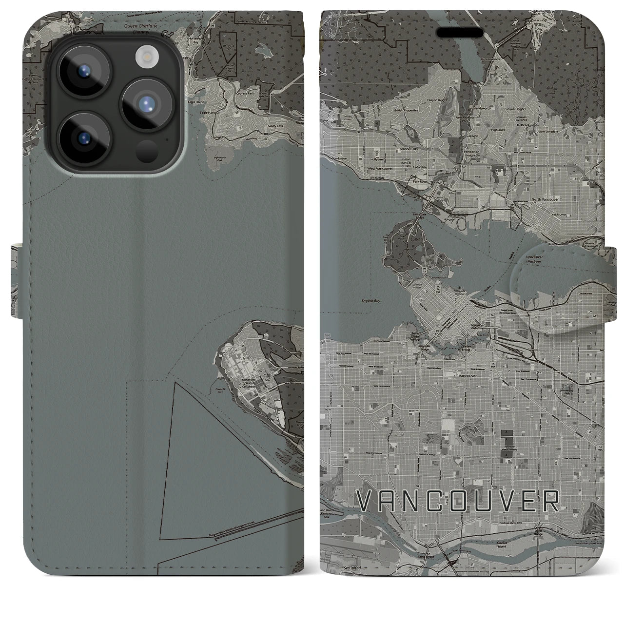 【バンクーバー(カナダ)】地図柄iPhoneケース(手帳タイプ)モノトーン・iPhone 15 Pro Max 用