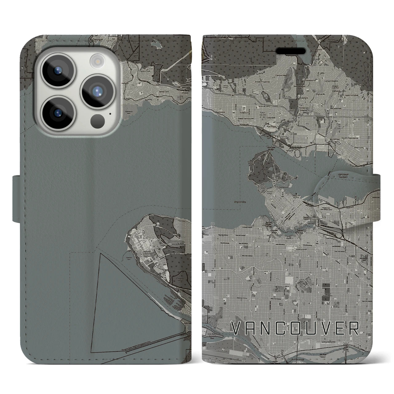 【バンクーバー(カナダ)】地図柄iPhoneケース(手帳タイプ)モノトーン・iPhone 15 Pro 用
