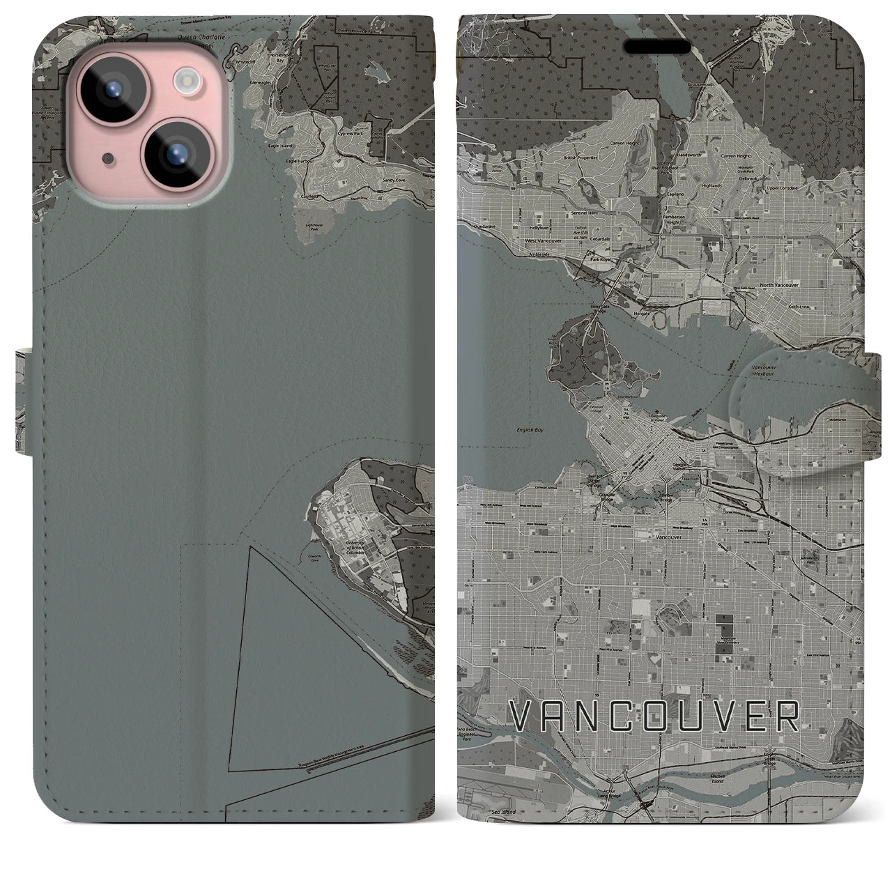 【バンクーバー(カナダ)】地図柄iPhoneケース(手帳タイプ)モノトーン・iPhone 15 Plus 用