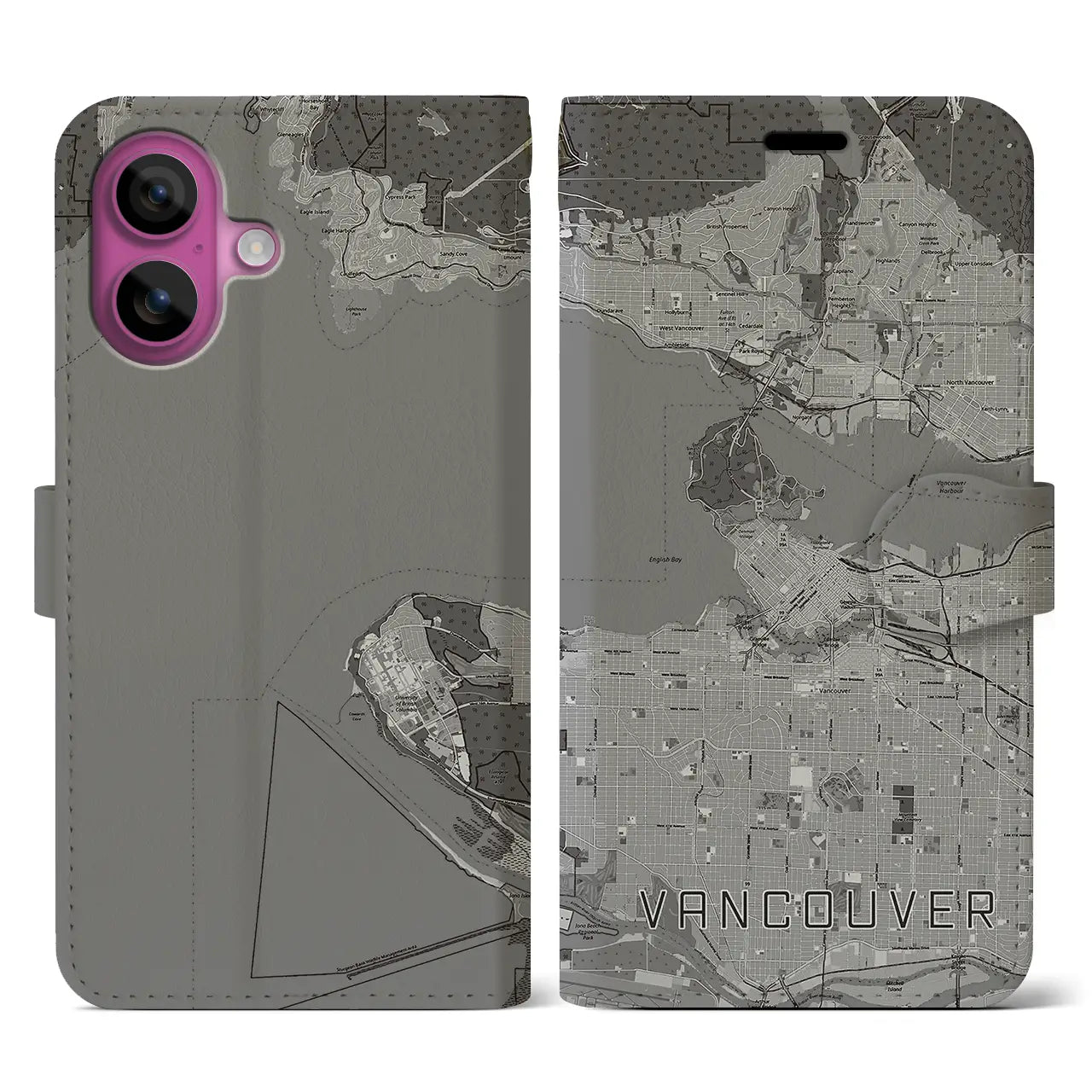 【バンクーバー(カナダ)】地図柄iPhoneケース(手帳タイプ)モノトーン・iPhone 16 Pro 用