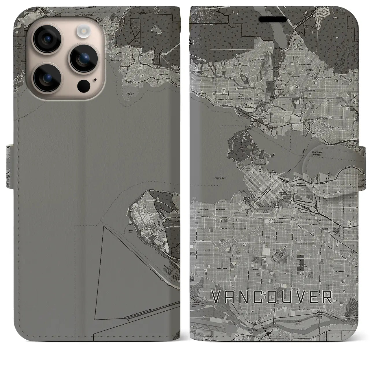 【バンクーバー(カナダ)】地図柄iPhoneケース(手帳タイプ)モノトーン・iPhone 16 Plus 用