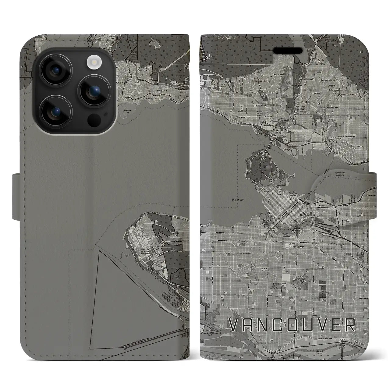 【バンクーバー(カナダ)】地図柄iPhoneケース(手帳タイプ)モノトーン・iPhone 16 用