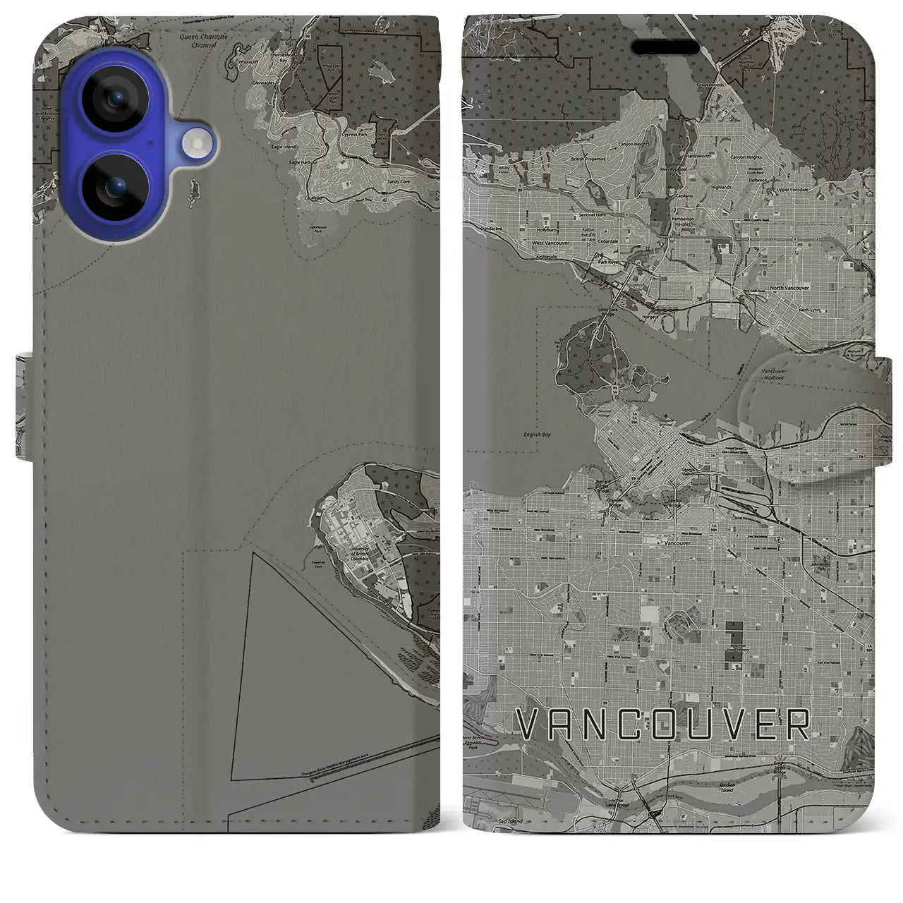【バンクーバー(カナダ)】地図柄iPhoneケース(手帳タイプ)モノトーン・iPhone 16 Pro Max 用