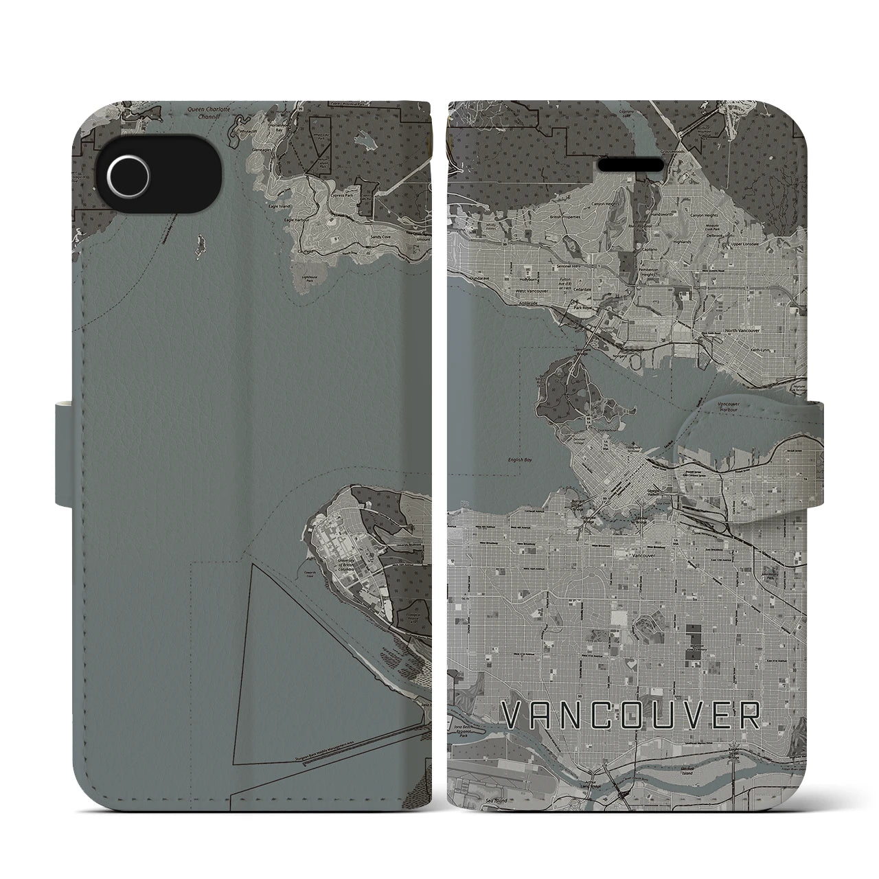 【バンクーバー(カナダ)】地図柄iPhoneケース(手帳タイプ)モノトーン・iPhone SE(第3 / 第2世代) / 8 / 7 / 6s / 6 用