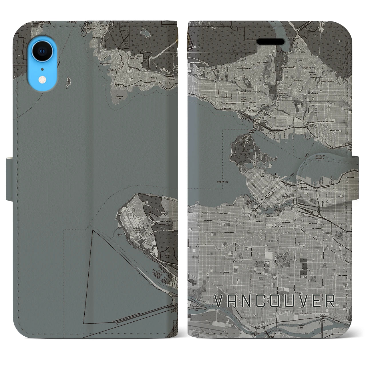 【バンクーバー(カナダ)】地図柄iPhoneケース(手帳タイプ)モノトーン・iPhone XR 用