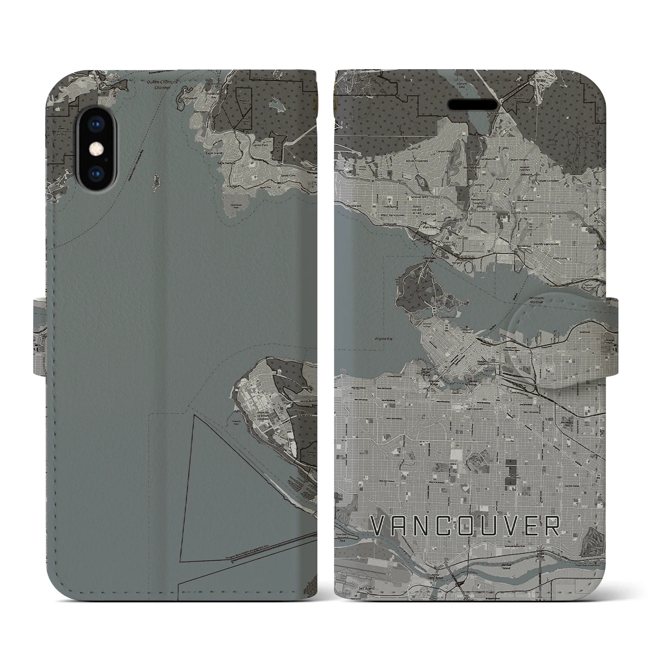 【バンクーバー(カナダ)】地図柄iPhoneケース(手帳タイプ)モノトーン・iPhone XS / X 用