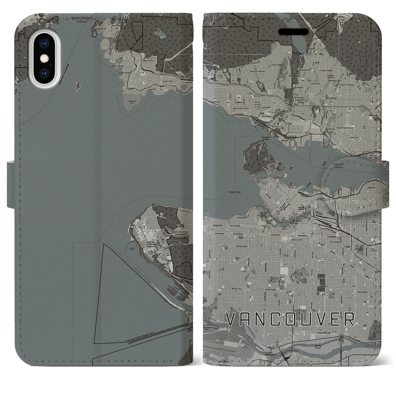 【バンクーバー(カナダ)】地図柄iPhoneケース(手帳タイプ)モノトーン・iPhone XS Max 用