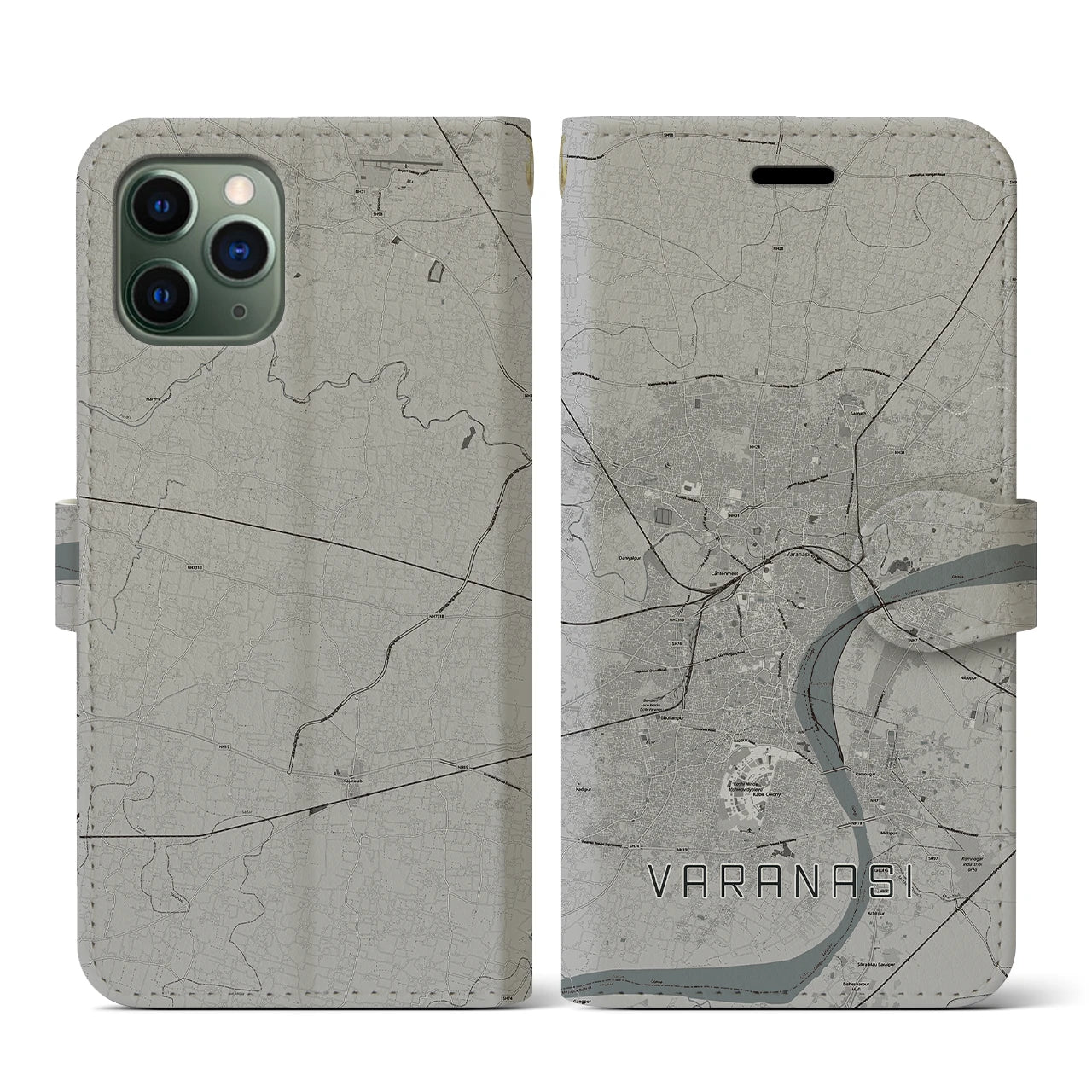 【ヴァーラーナシー(インド)】地図柄iPhoneケース(手帳タイプ)モノトーン・iPhone 11 Pro 用