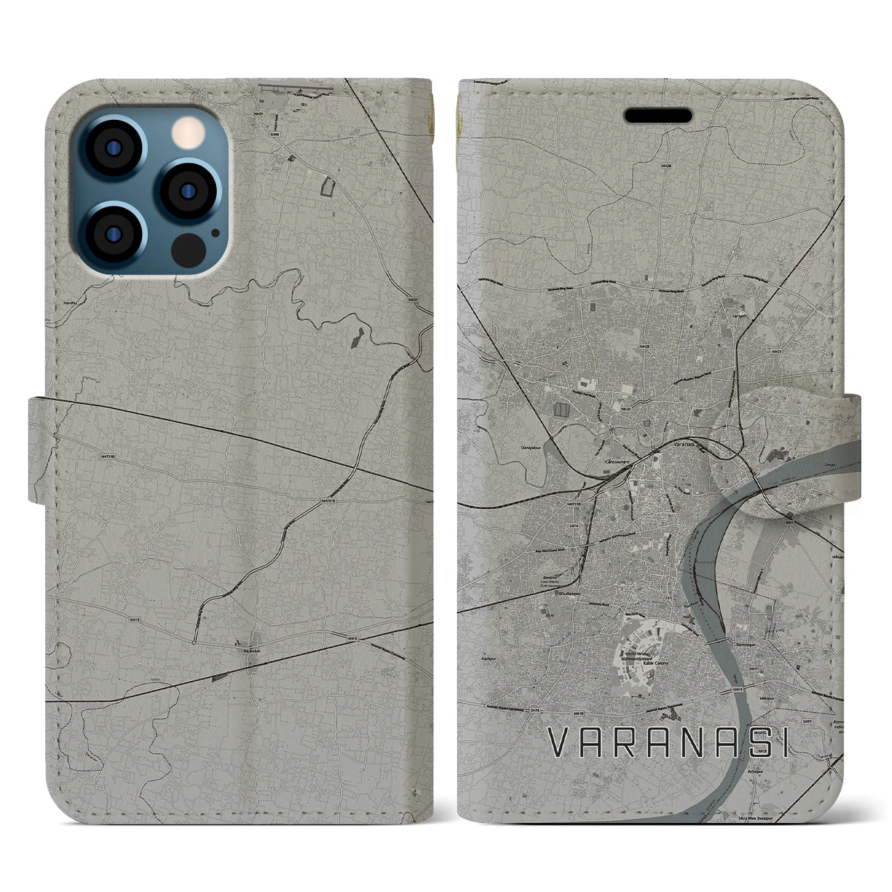 【ヴァーラーナシー(インド)】地図柄iPhoneケース(手帳タイプ)モノトーン・iPhone 12 / 12 Pro 用