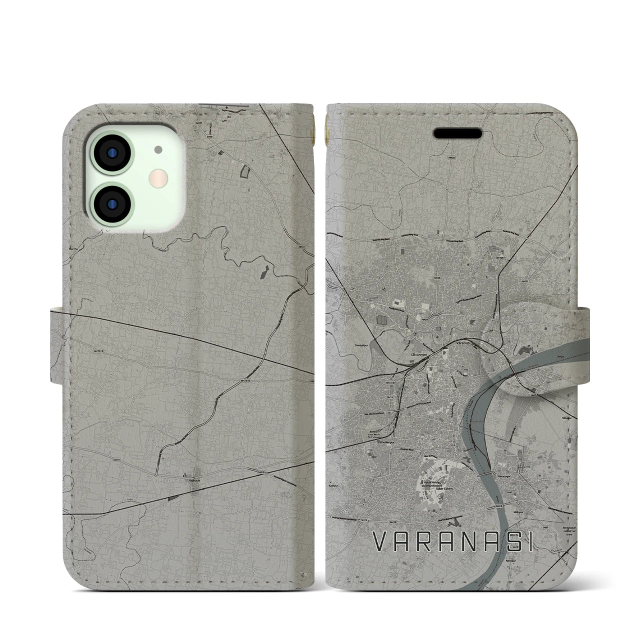 【ヴァーラーナシー(インド)】地図柄iPhoneケース(手帳タイプ)モノトーン・iPhone 12 mini 用