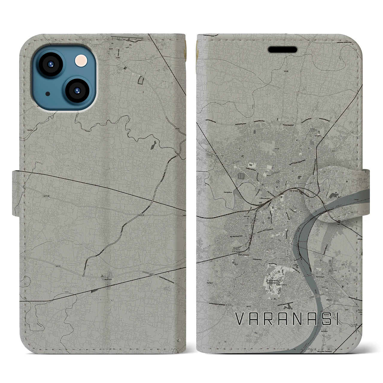 【ヴァーラーナシー(インド)】地図柄iPhoneケース(手帳タイプ)モノトーン・iPhone 13 用