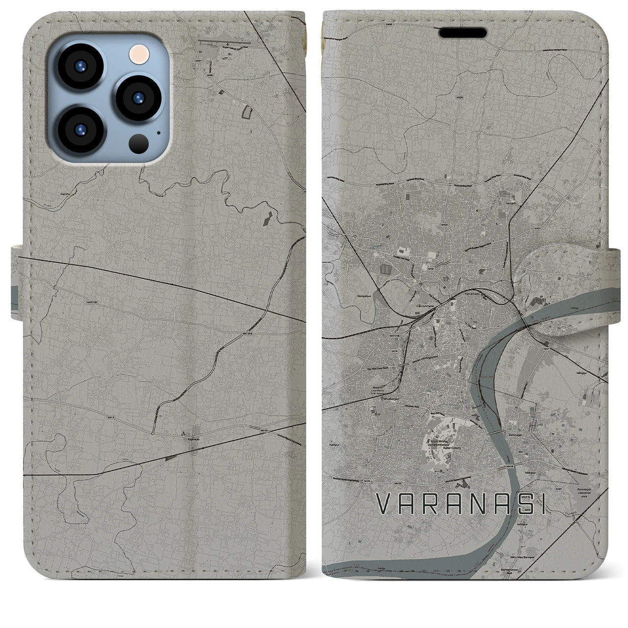 【ヴァーラーナシー(インド)】地図柄iPhoneケース(手帳タイプ)モノトーン・iPhone 13 Pro Max 用