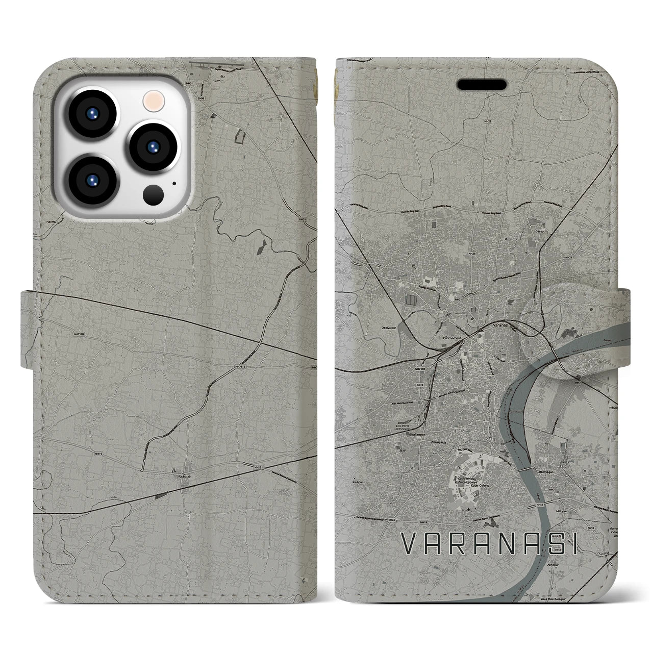 【ヴァーラーナシー(インド)】地図柄iPhoneケース(手帳タイプ)モノトーン・iPhone 13 Pro 用