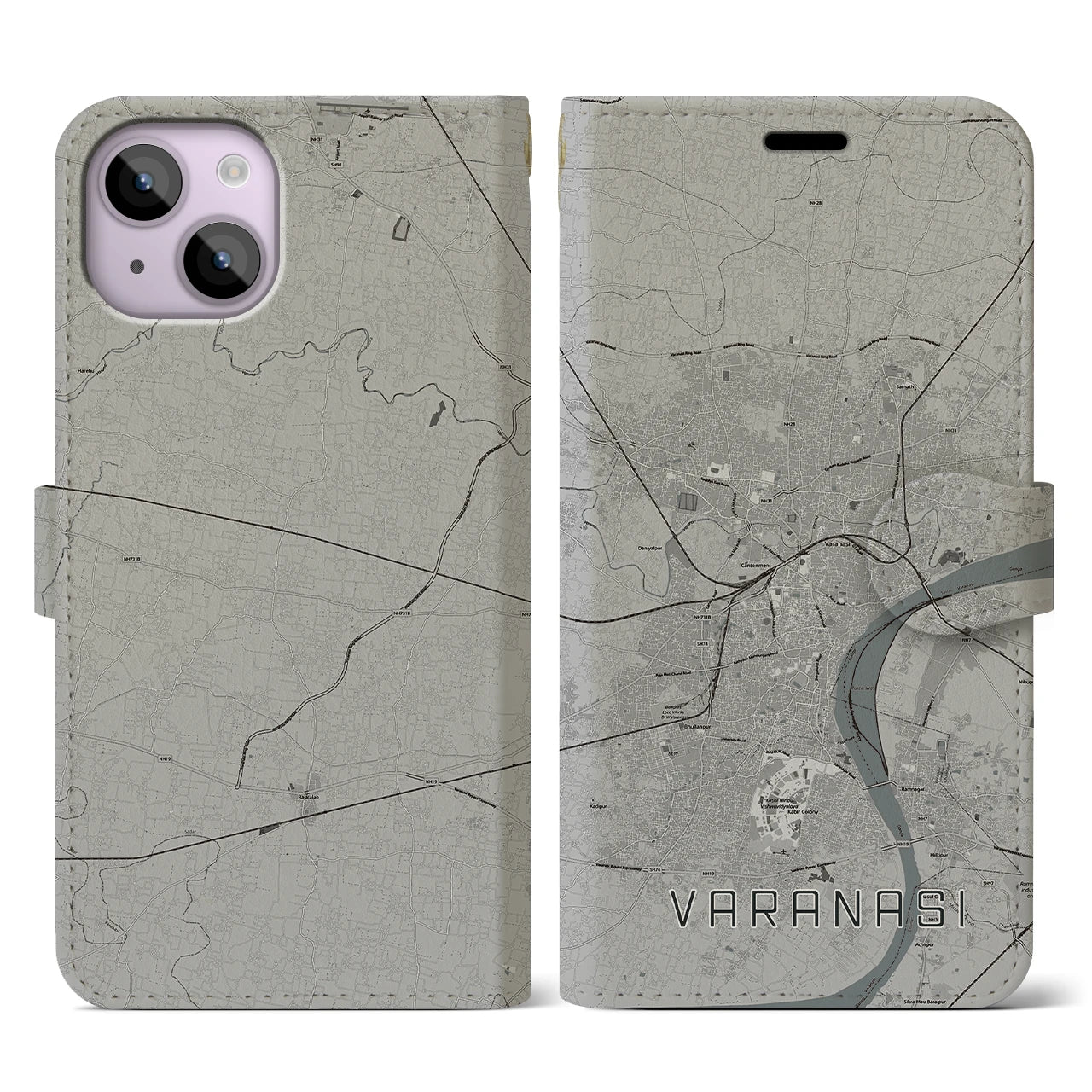 【ヴァーラーナシー(インド)】地図柄iPhoneケース(手帳タイプ)モノトーン・iPhone 14 用