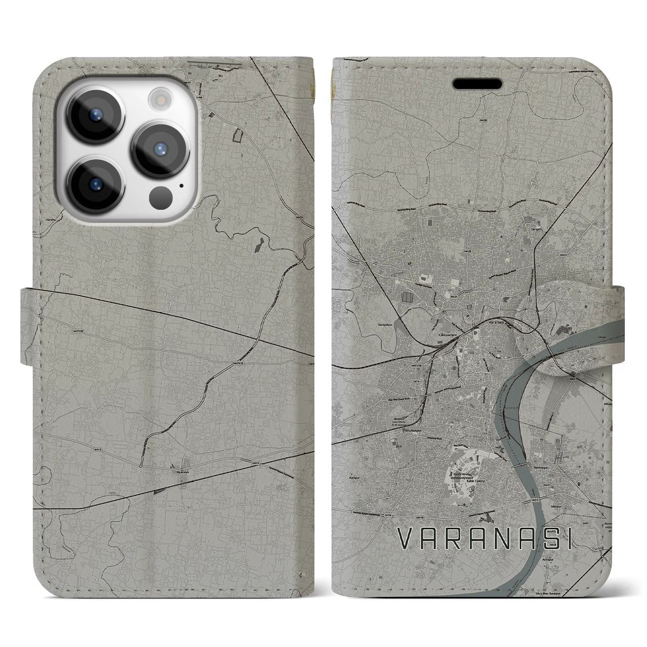 【ヴァーラーナシー(インド)】地図柄iPhoneケース(手帳タイプ)モノトーン・iPhone 14 Pro 用