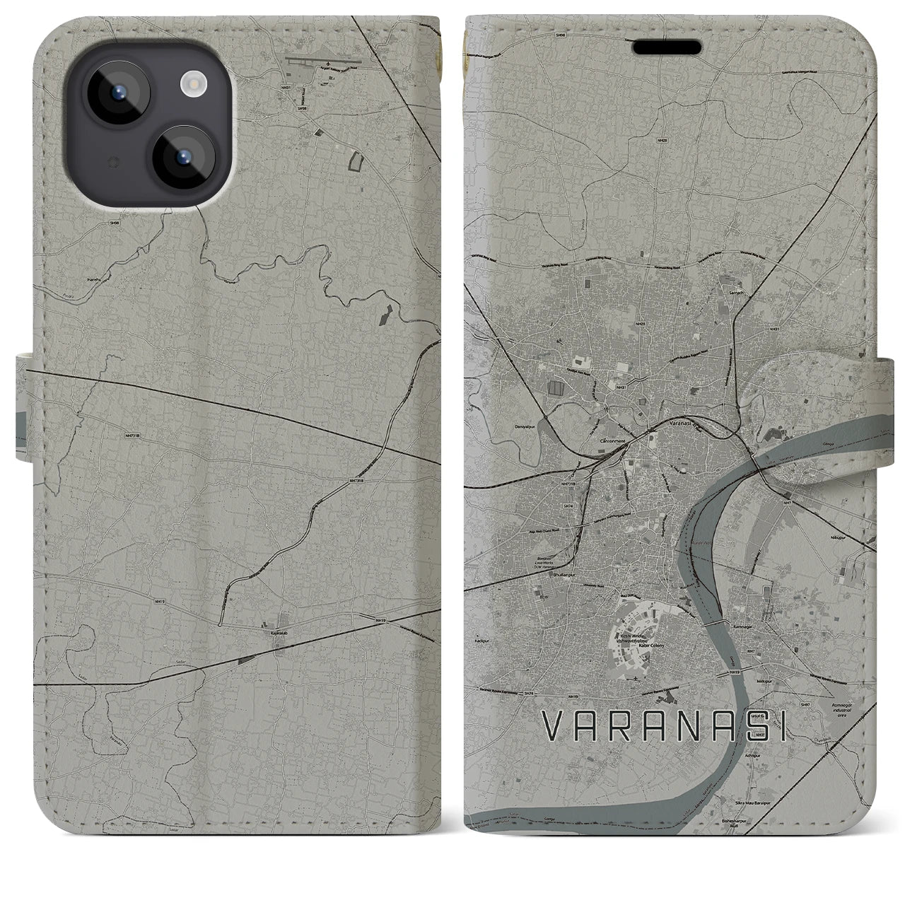 【ヴァーラーナシー(インド)】地図柄iPhoneケース(手帳タイプ)モノトーン・iPhone 14 Plus 用