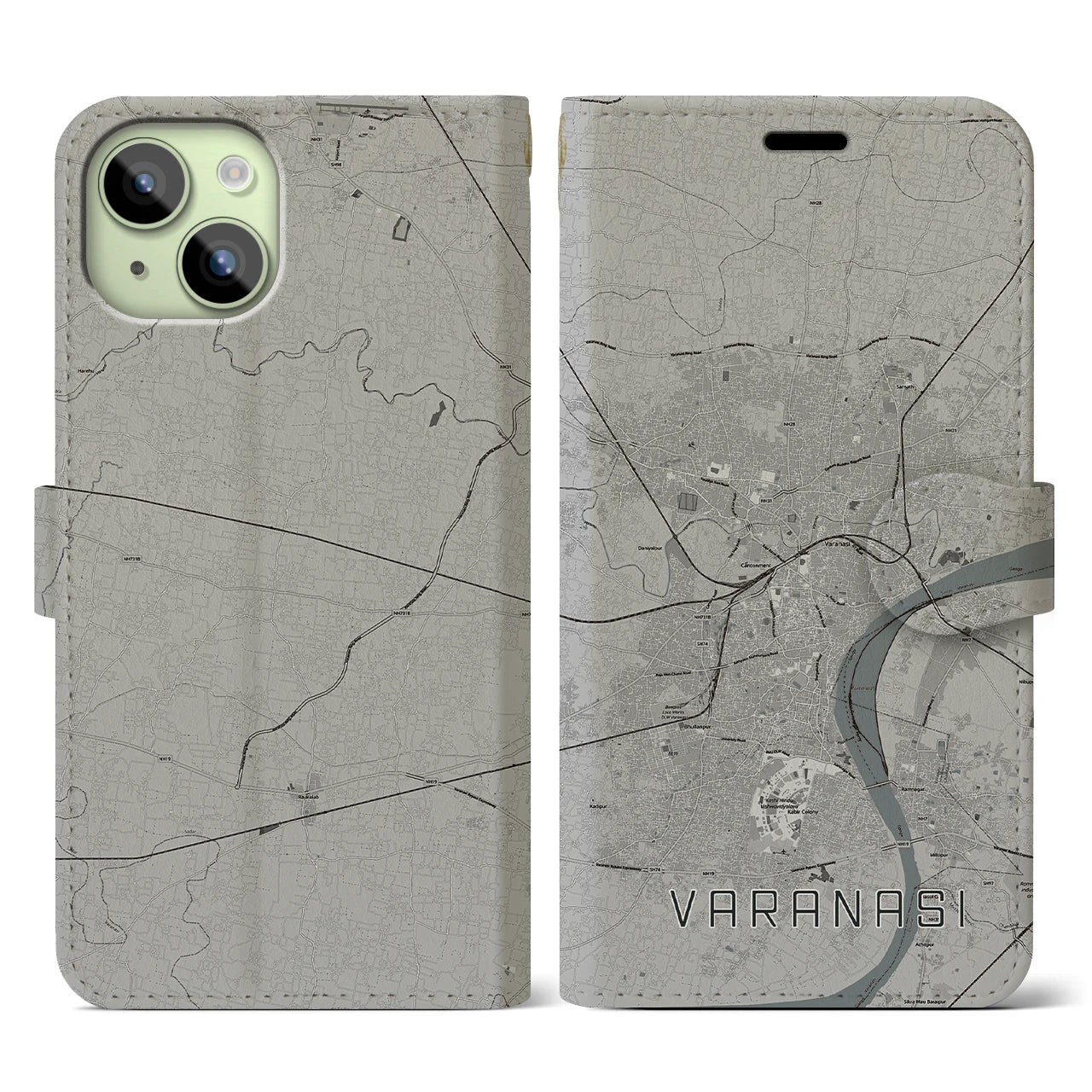 【ヴァーラーナシー(インド)】地図柄iPhoneケース(手帳タイプ)モノトーン・iPhone 15 用