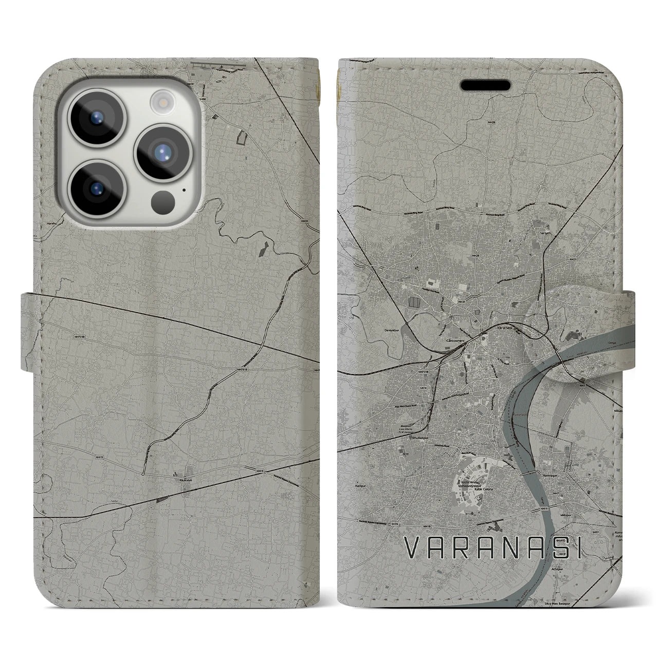 【ヴァーラーナシー(インド)】地図柄iPhoneケース(手帳タイプ)モノトーン・iPhone 15 Pro 用