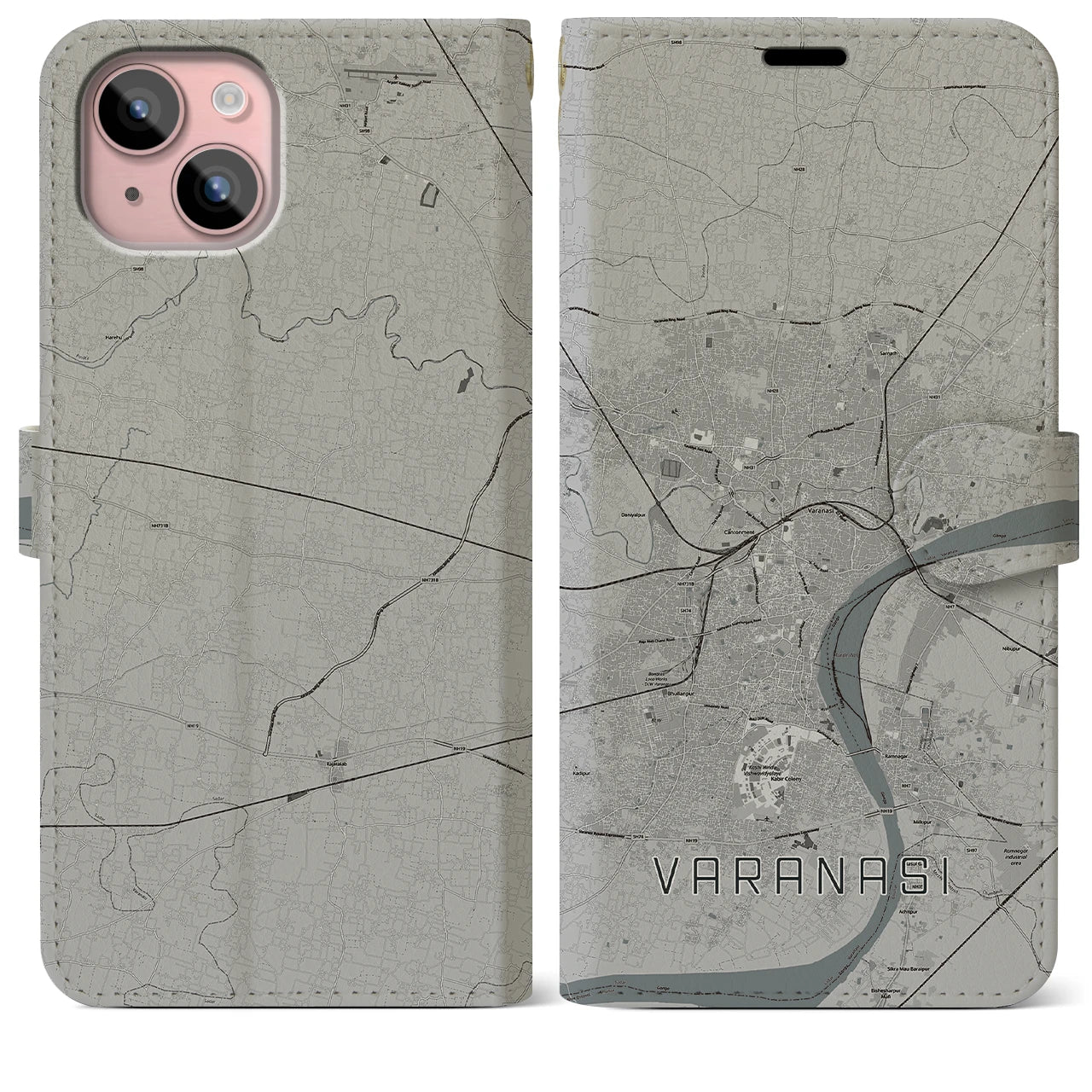 【ヴァーラーナシー(インド)】地図柄iPhoneケース(手帳タイプ)モノトーン・iPhone 15 Plus 用