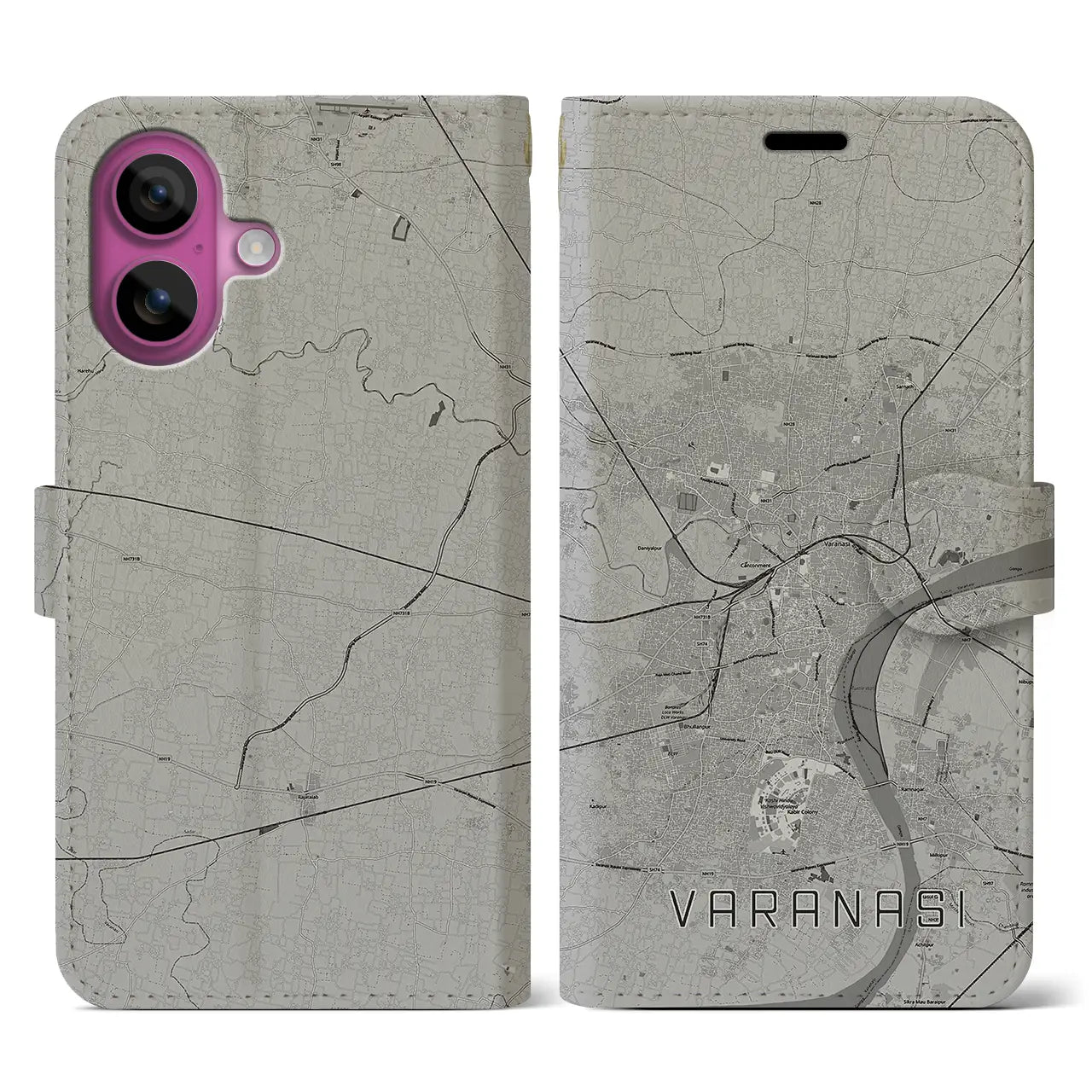 【ヴァーラーナシー(インド)】地図柄iPhoneケース(手帳タイプ)モノトーン・iPhone 16 Pro 用