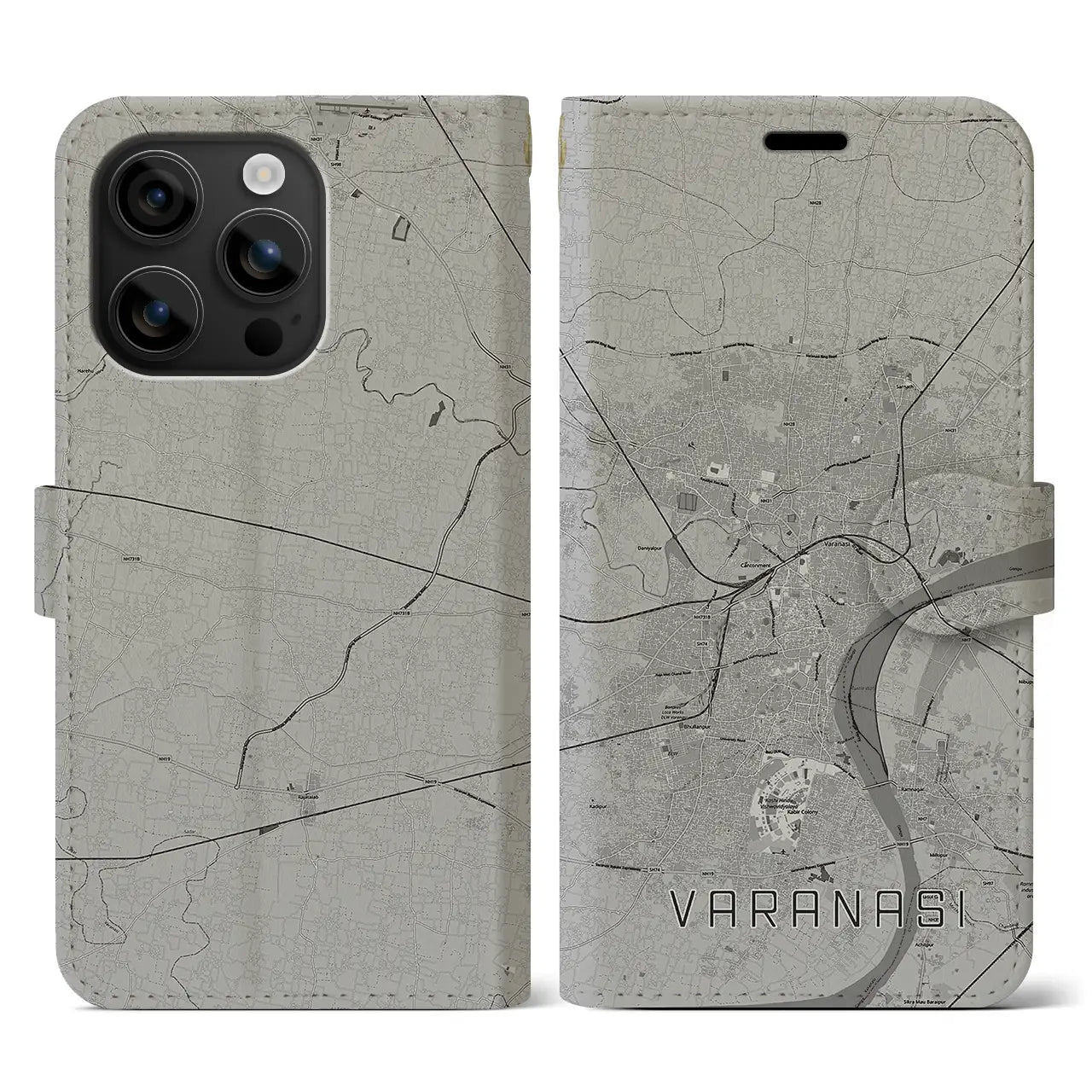 【ヴァーラーナシー(インド)】地図柄iPhoneケース(手帳タイプ)モノトーン・iPhone 16 用