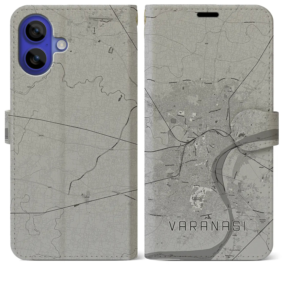 【ヴァーラーナシー(インド)】地図柄iPhoneケース(手帳タイプ)モノトーン・iPhone 16 Pro Max 用