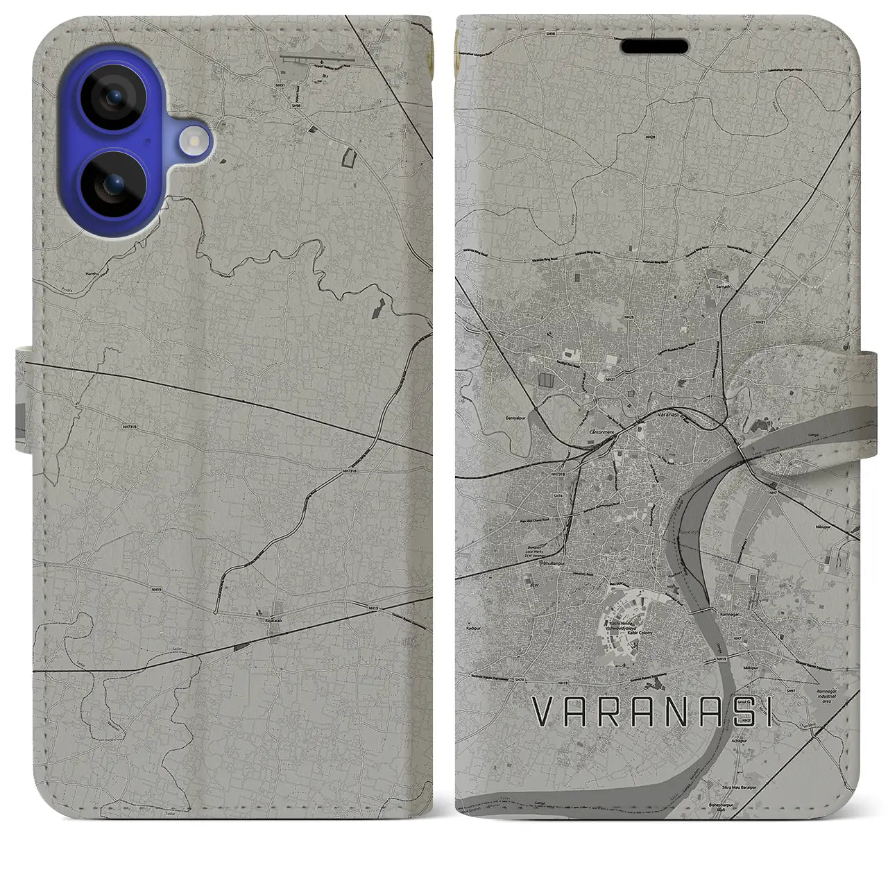 【ヴァーラーナシー(インド)】地図柄iPhoneケース(手帳タイプ)モノトーン・iPhone 16 Pro Max 用