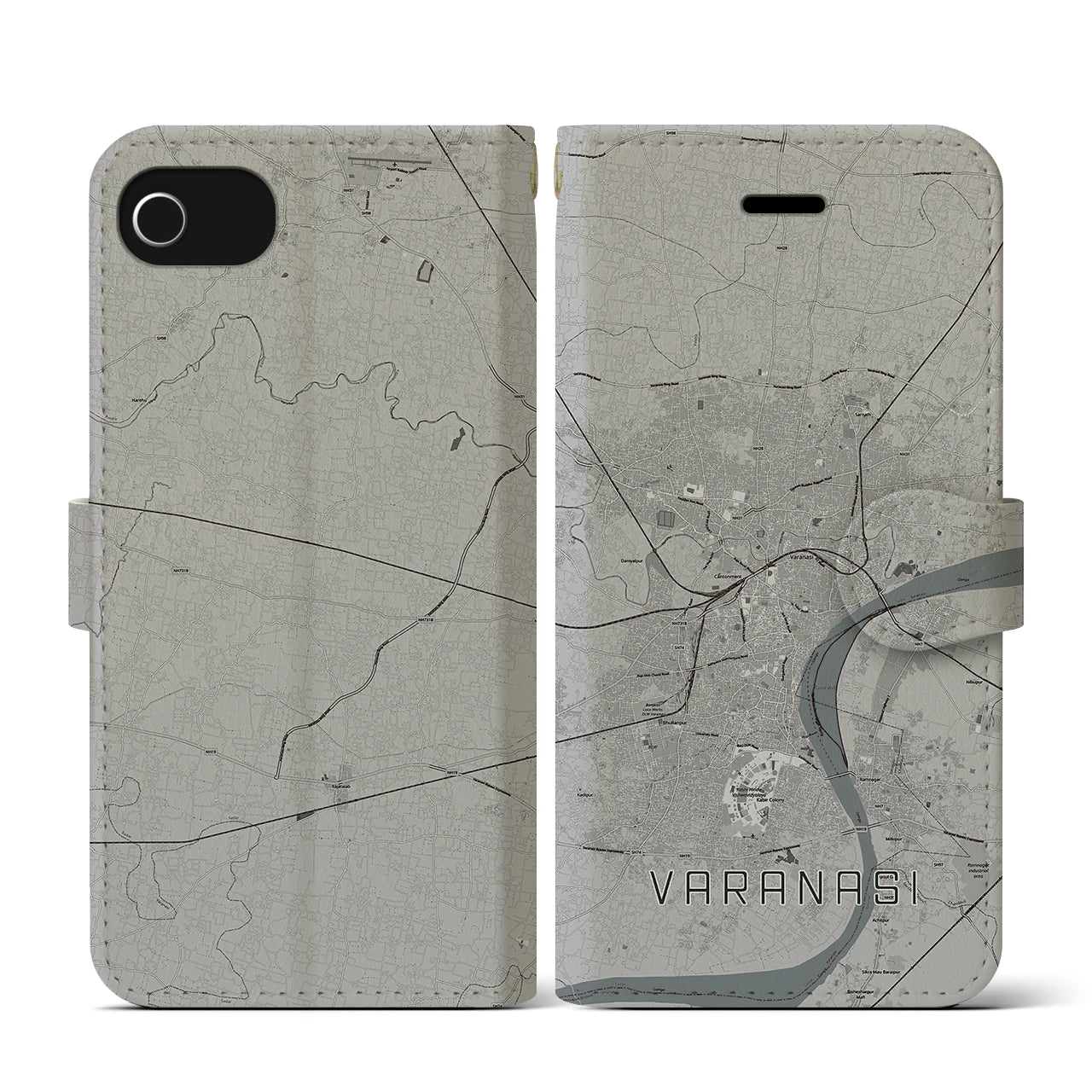 【ヴァーラーナシー(インド)】地図柄iPhoneケース(手帳タイプ)モノトーン・iPhone SE(第3 / 第2世代) / 8 / 7 / 6s / 6 用