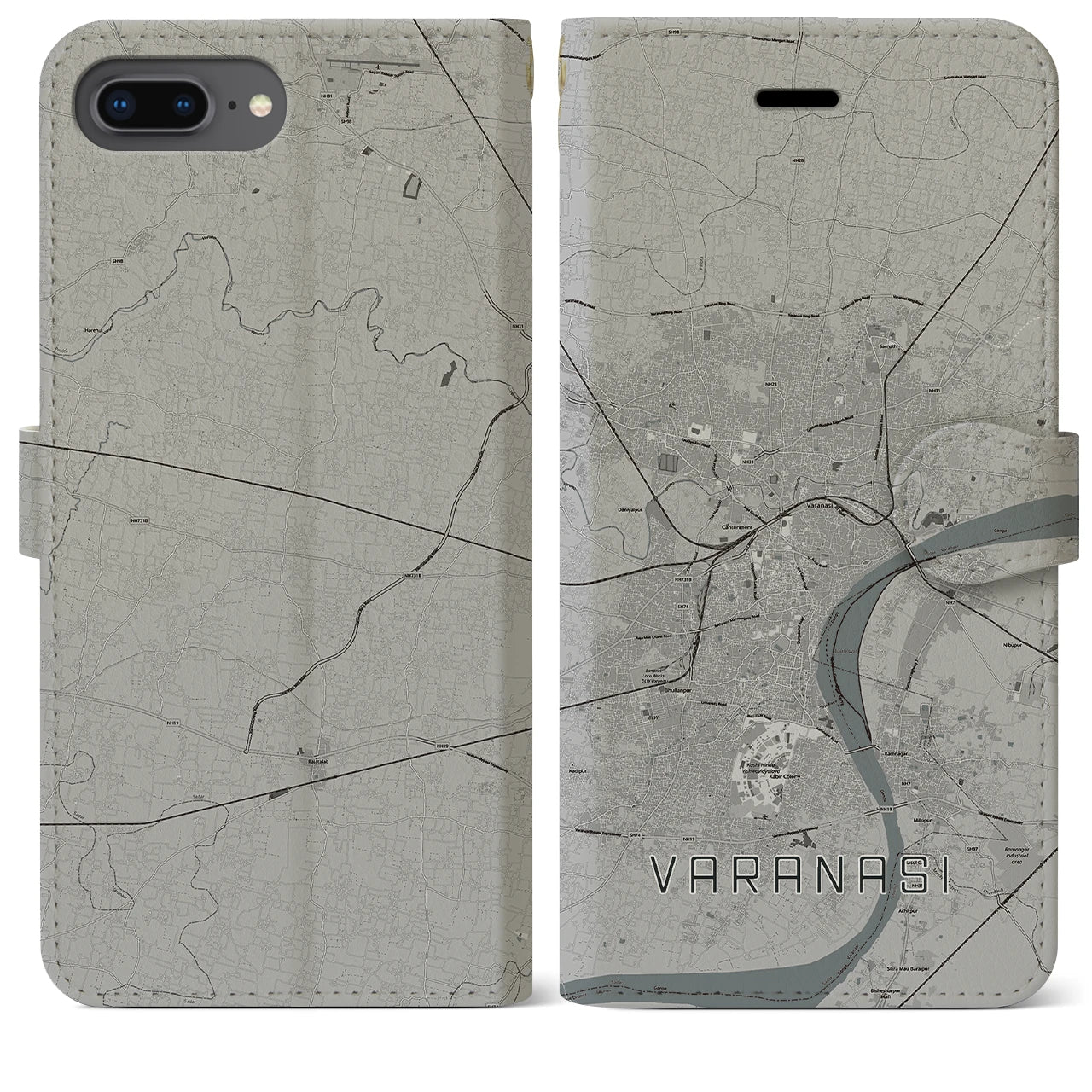 【ヴァーラーナシー(インド)】地図柄iPhoneケース(手帳タイプ)モノトーン・iPhone 8Plus /7Plus / 6sPlus / 6Plus 用