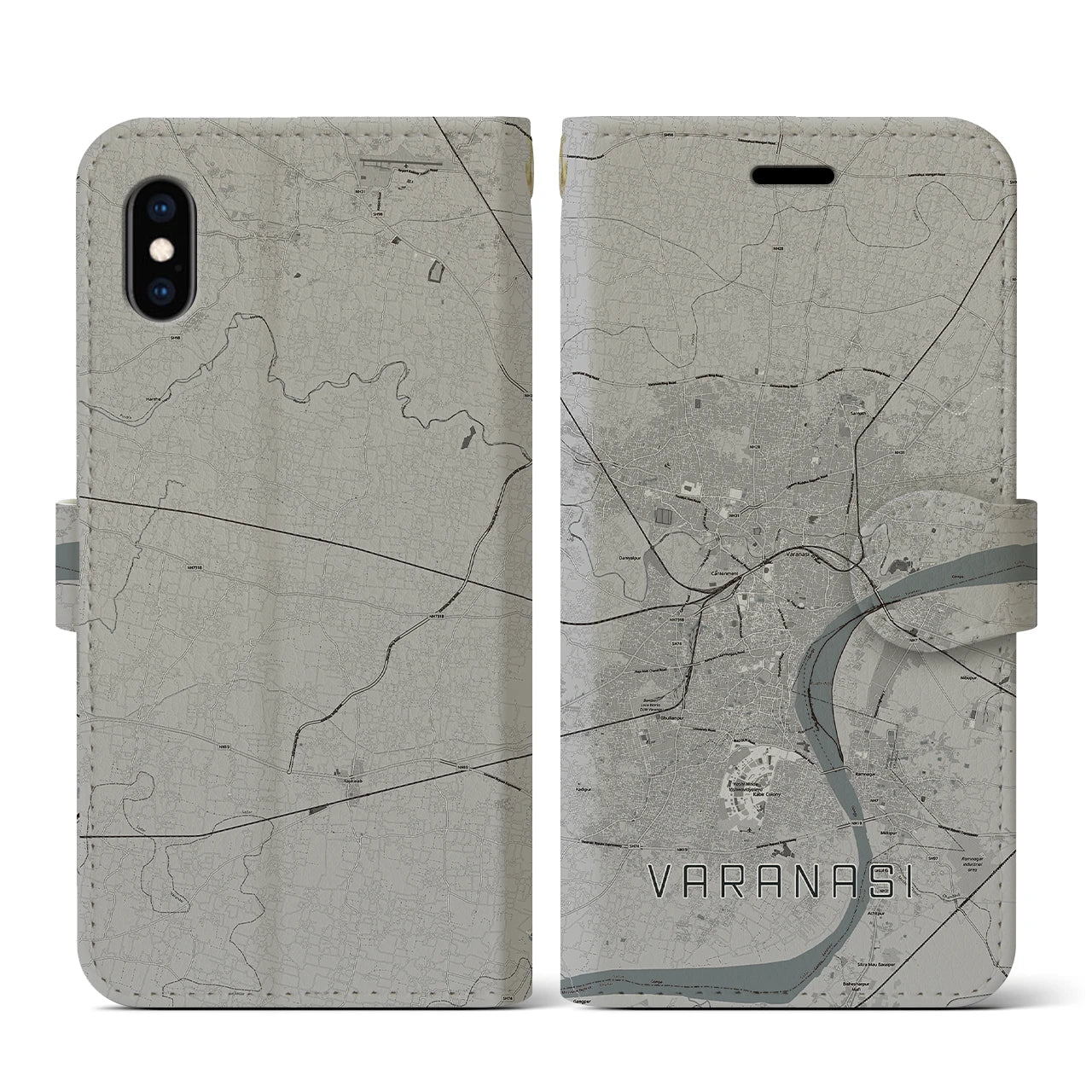【ヴァーラーナシー(インド)】地図柄iPhoneケース(手帳タイプ)モノトーン・iPhone XS / X 用