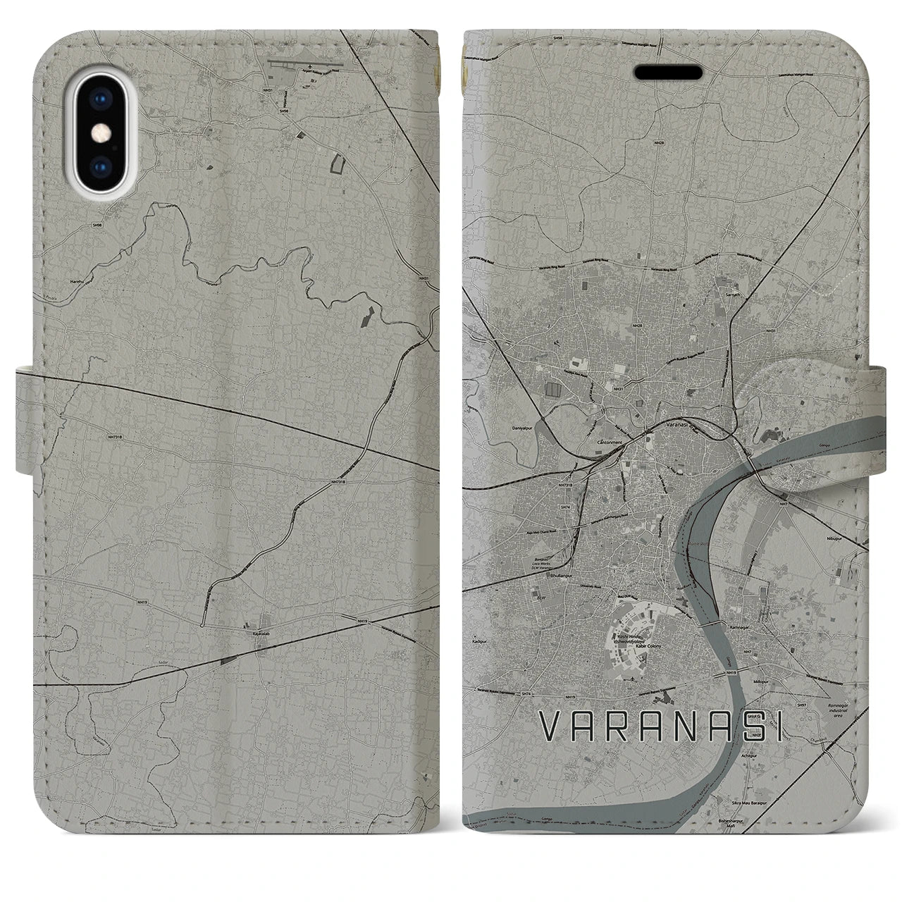 【ヴァーラーナシー(インド)】地図柄iPhoneケース(手帳タイプ)モノトーン・iPhone XS Max 用