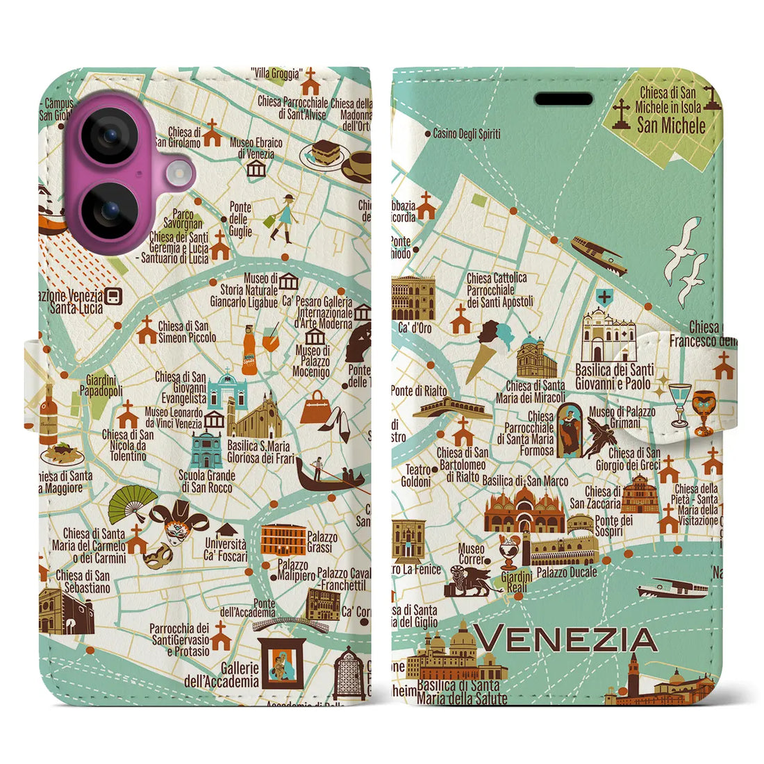 【ヴェネツィア(イラスト)】イラストマップiPhoneケース(手帳タイプ)ブライト・iPhone 16 Pro 用
