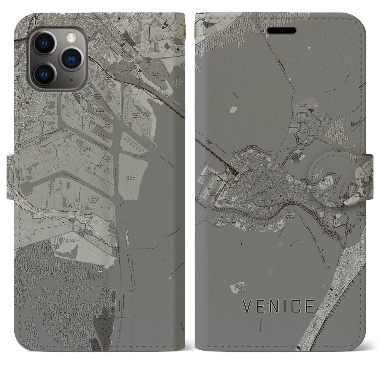 【ヴェネツィア2(イタリア)】地図柄iPhoneケース(手帳タイプ)モノトーン・iPhone 11 Pro Max 用