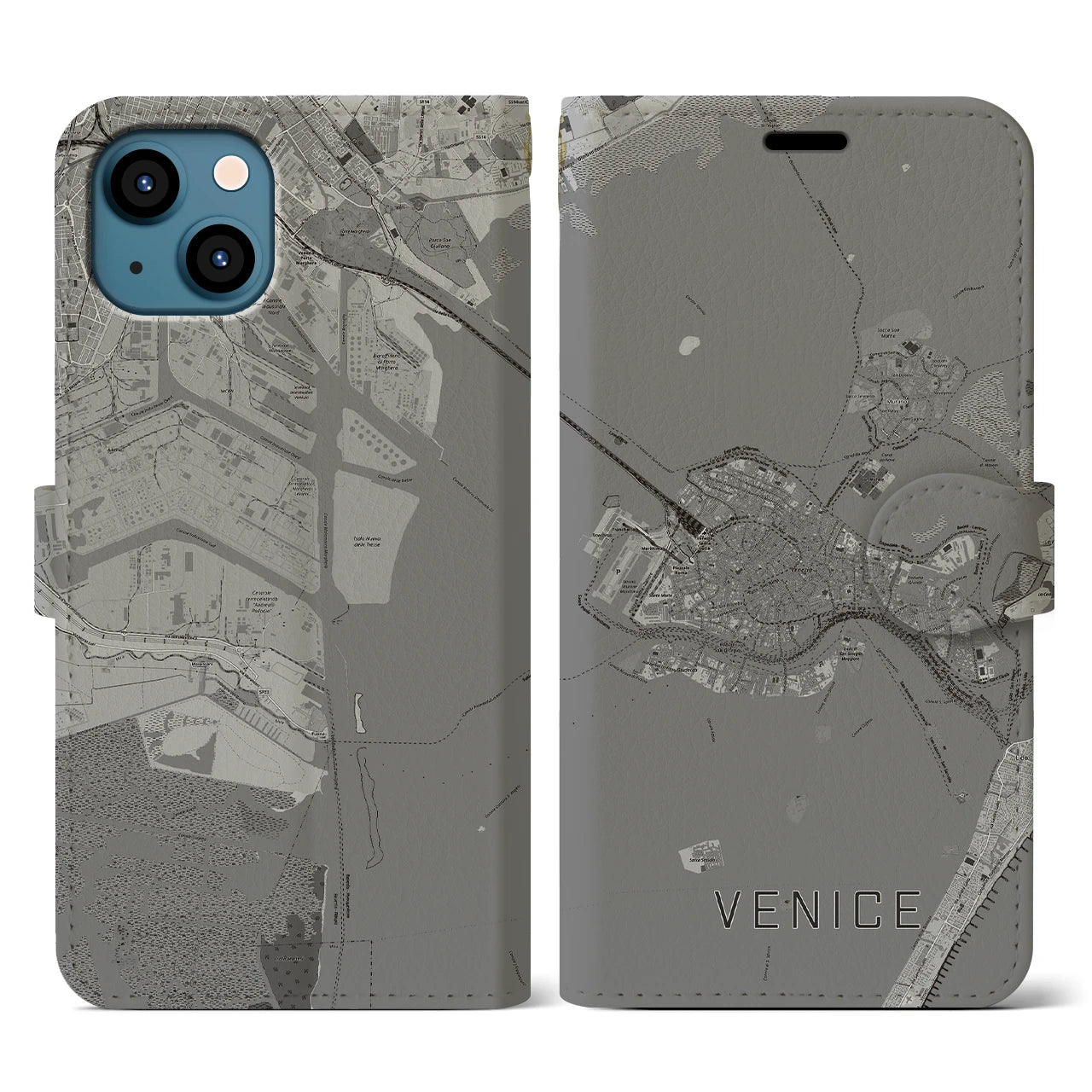 【ヴェネツィア2(イタリア)】地図柄iPhoneケース(手帳タイプ)モノトーン・iPhone 13 用