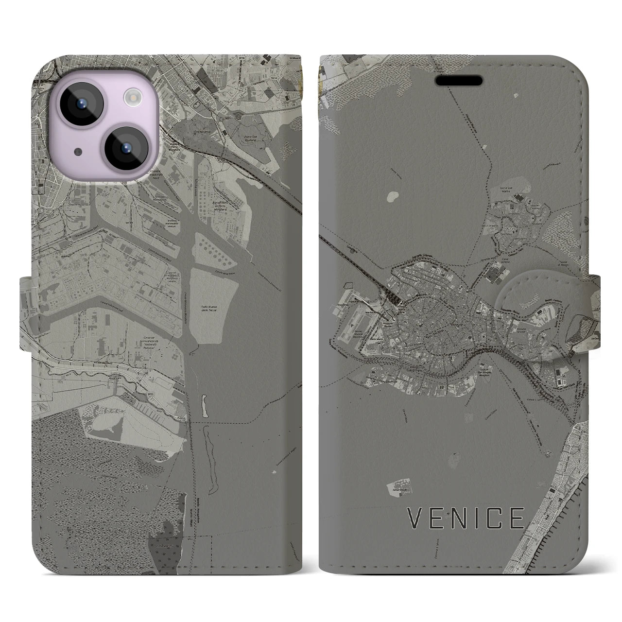 【ヴェネツィア2(イタリア)】地図柄iPhoneケース(手帳タイプ)モノトーン・iPhone 14 用