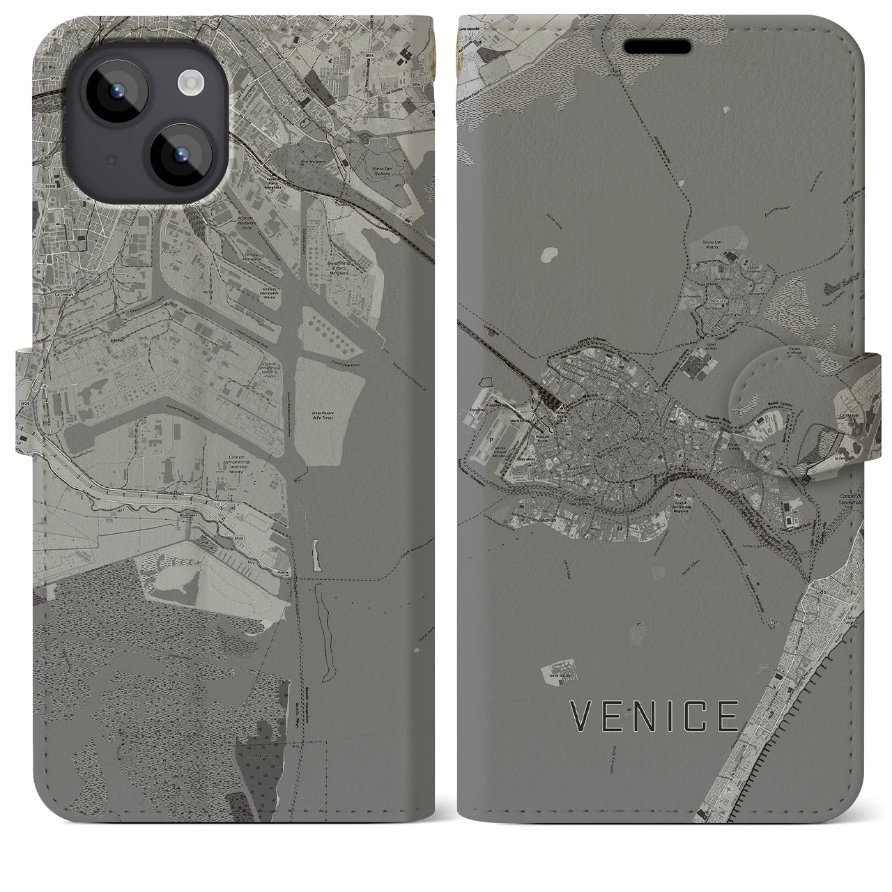 【ヴェネツィア2(イタリア)】地図柄iPhoneケース(手帳タイプ)モノトーン・iPhone 14 Plus 用
